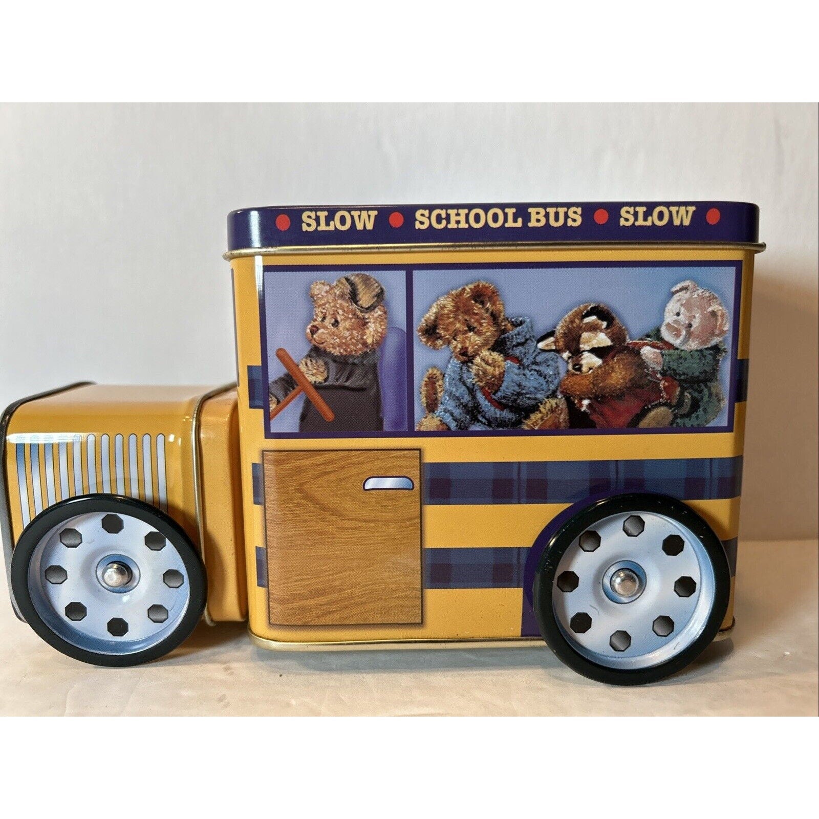 Vintage NOS GIFTCO School Bus with Wheels Tin Bank NIB Stewart Sherwood Bears