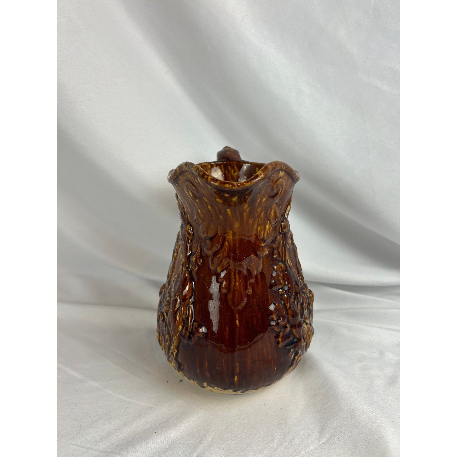 Vintage Rockingham Glaze Pitcher Relief Hunting Scene Dogs Stoneware