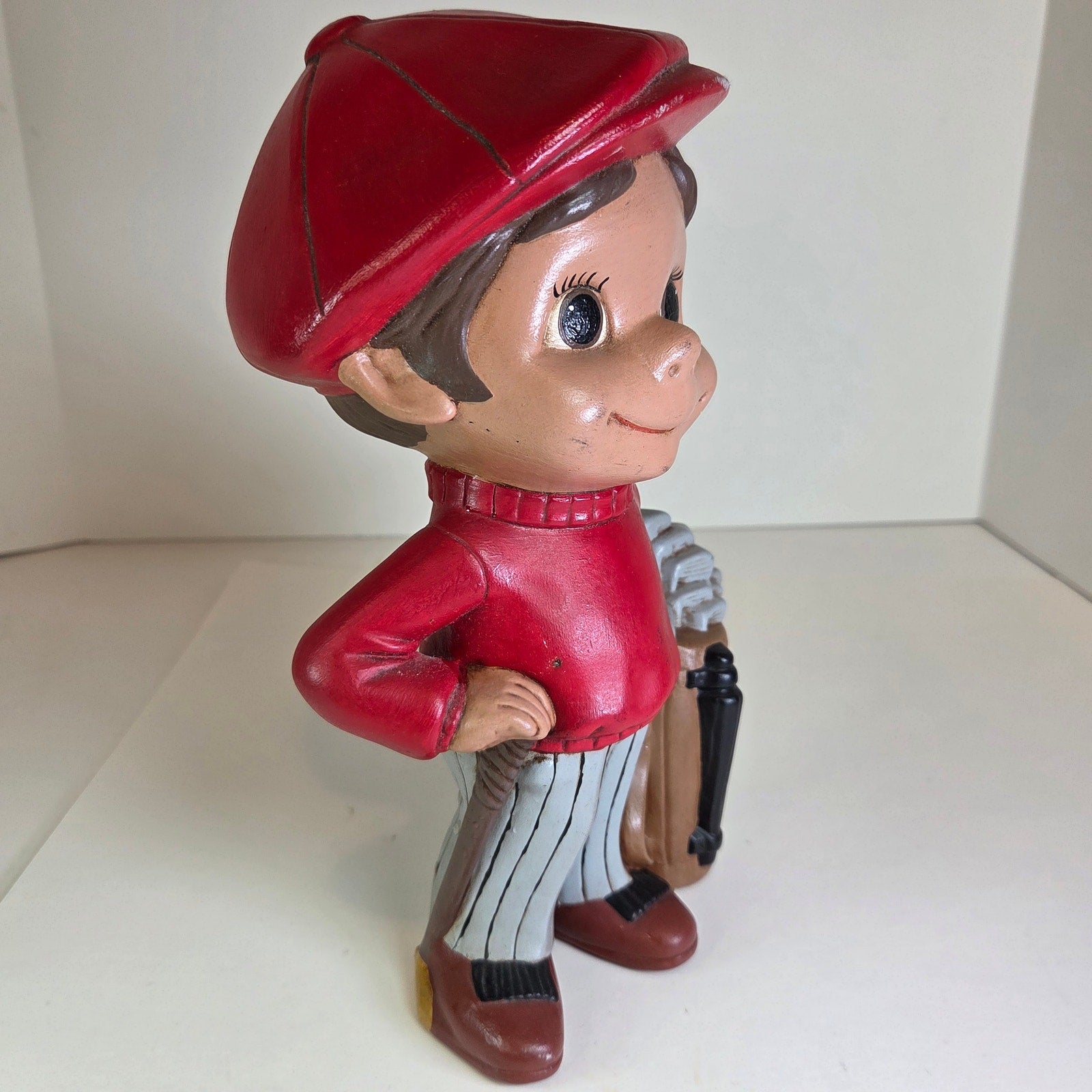 Vintage Monico Ceramics Golfer Boy Figurine Red Cap Golf Bag 1970s 9.75” Tall