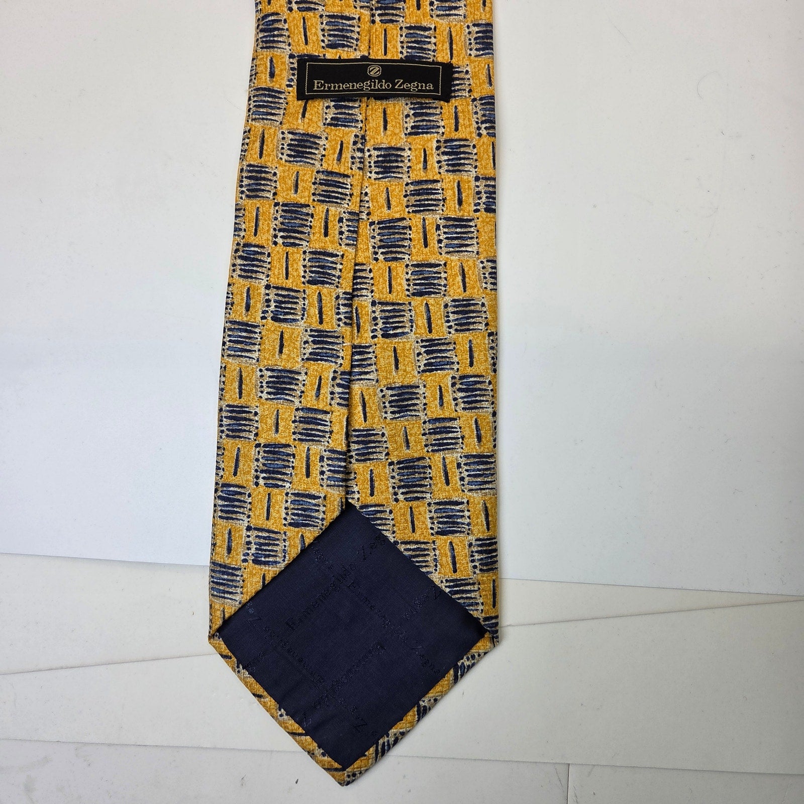 Ermenegildo Zegna Silk Tie Gold Navy Geometric 4" Italy