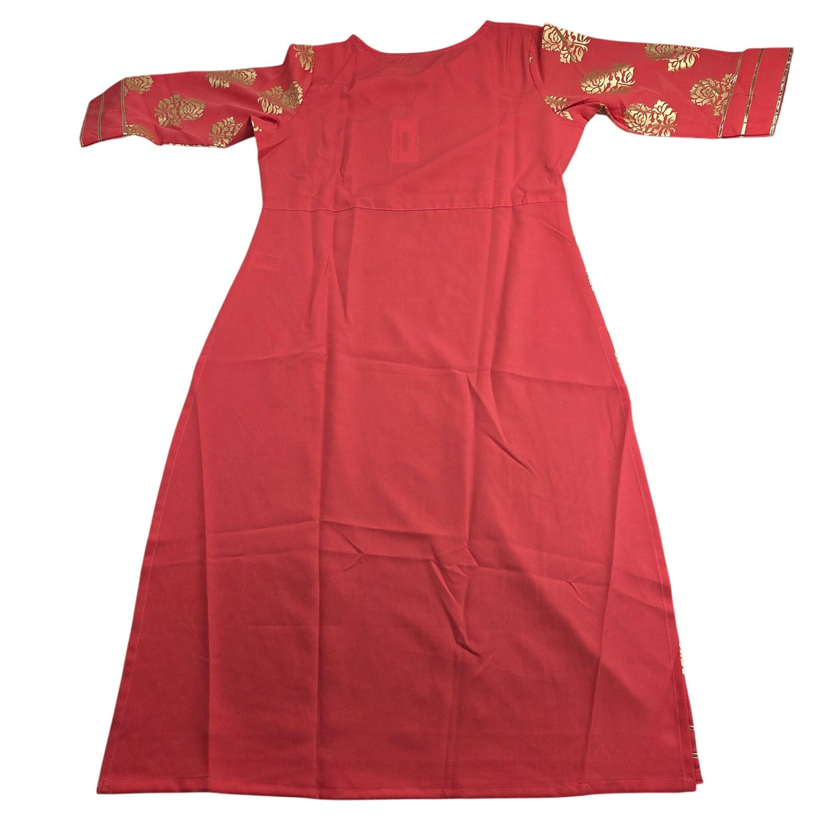Janasya Womens M Red Gold Floral Foil Print Crepe Kurti Indian Tunic Top NWT