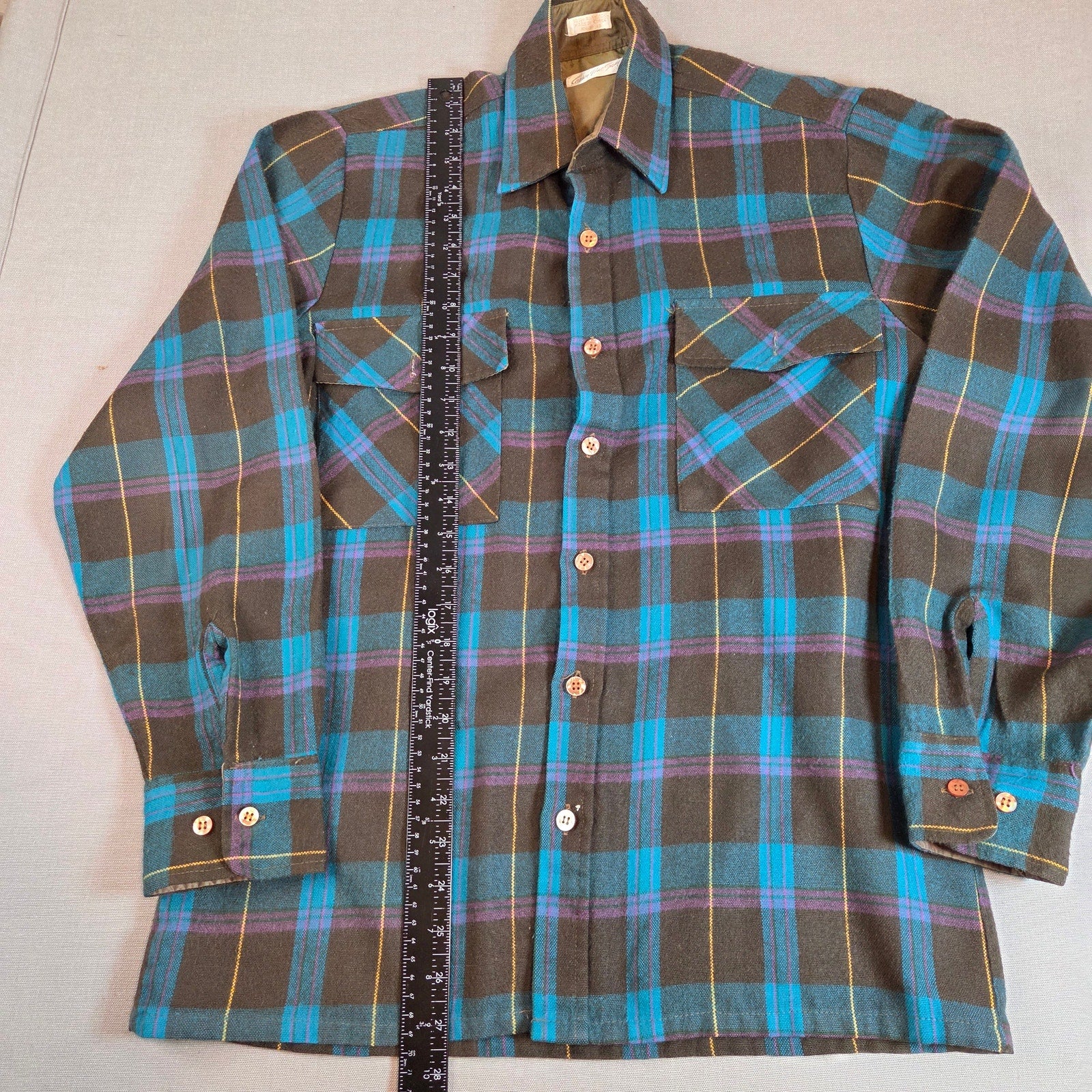 Vintage 70s Gordon Pine Scott Sears Flannel Shirt Brown Blue Plaid Small