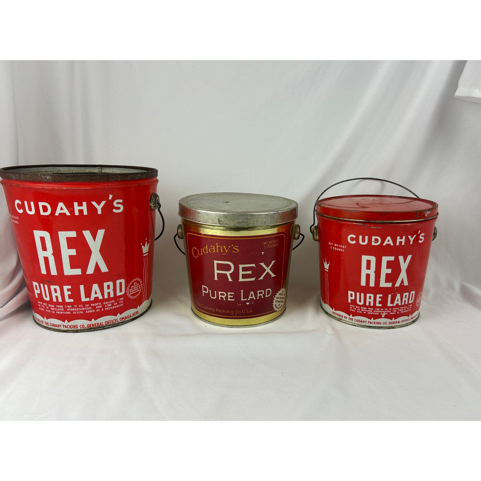 Cudahy’s Rex Pure Lard Vintage Metal Container Tin Bucket Lot of 3- 4, 5 & 8 lb.