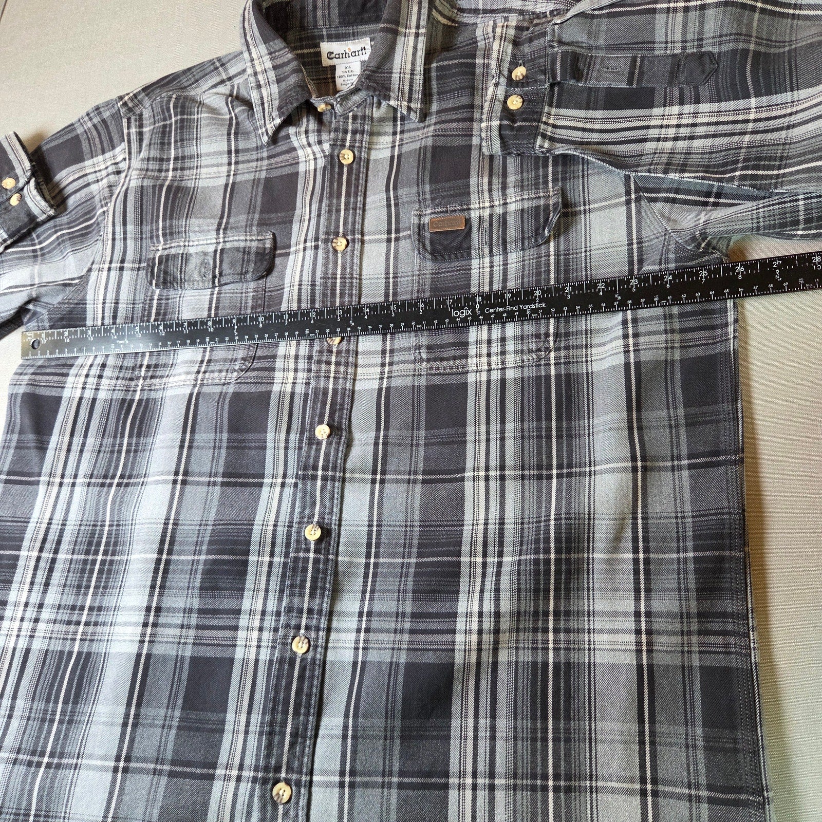 Carhartt XL Tall Heavyweight Plaid Flannel Work Shirt Gray 100% Cotton