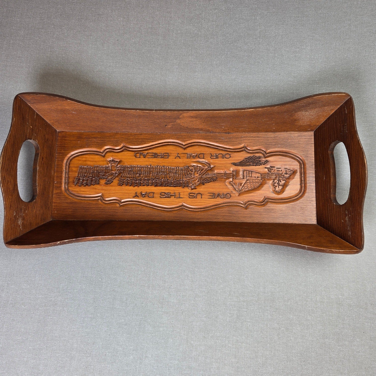 Vintage Wooden Bread Basket Tray Give Us This Day Our Daily Bread 18in