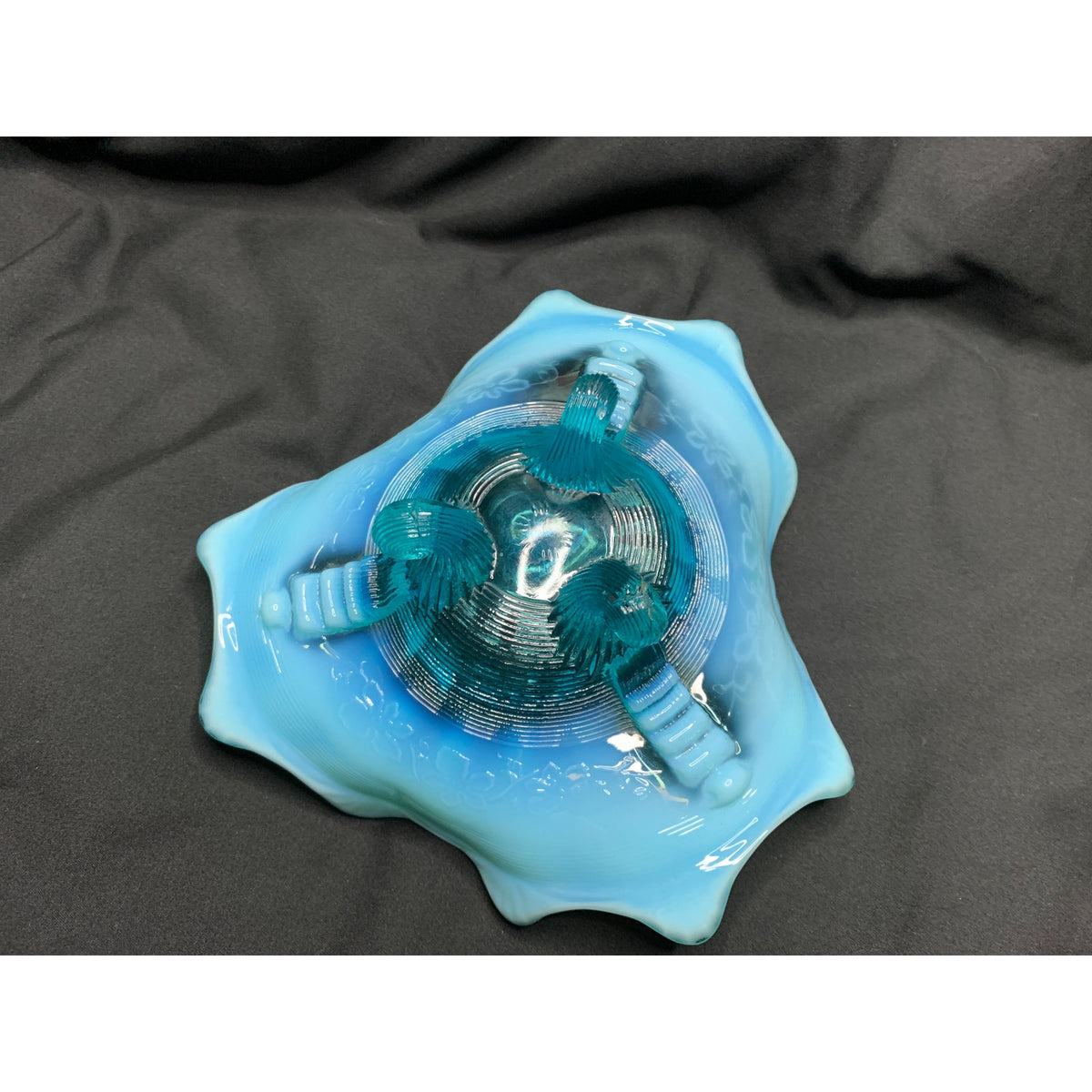 Antique Northwood Klondyke Blue Opalescent Fluted Scroll Footed Bowl