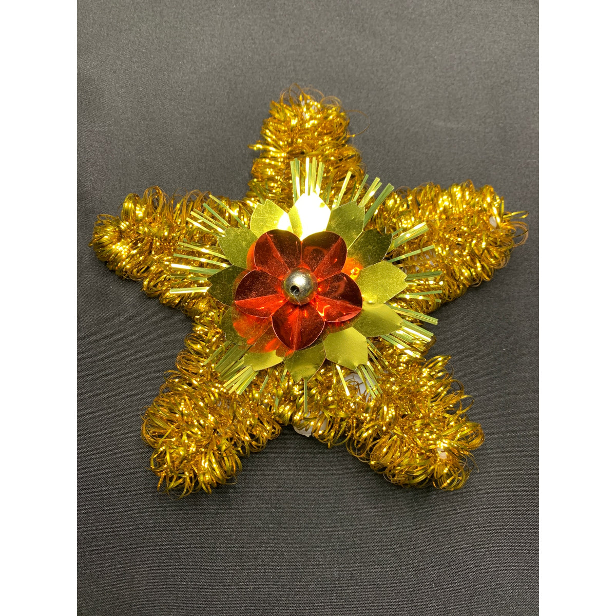 Vintage 1970s Gold Tinsel Star Christmas Tree Topper Red Foil Flower
