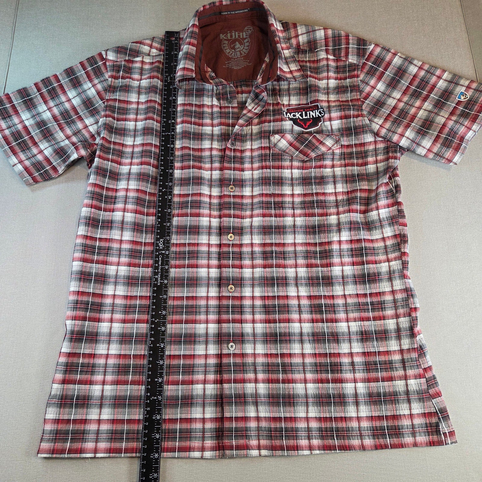 Kuhl Plaid Button Down Shirt XL Short Sleeve Jack Link’s Promo Embroidery