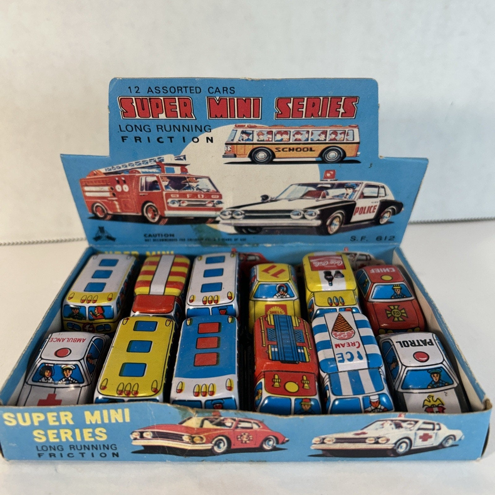Vintage Tin Litho Friction Super Mini Toy Car Set w/ Display Taiwan 12pc