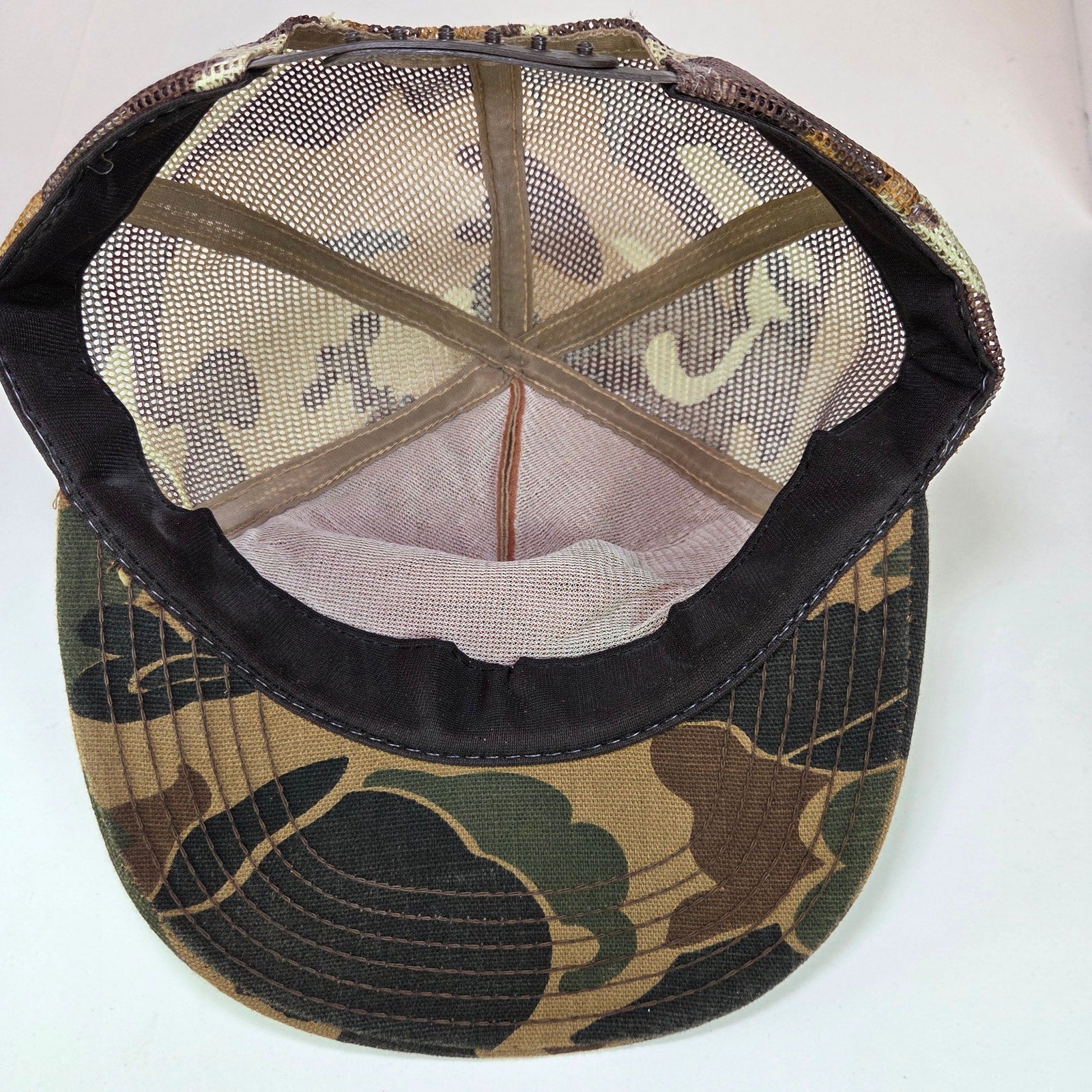 Vintage Log Cabin Store Danbury WI Camo Mesh Trucker Hat USA Made Semco