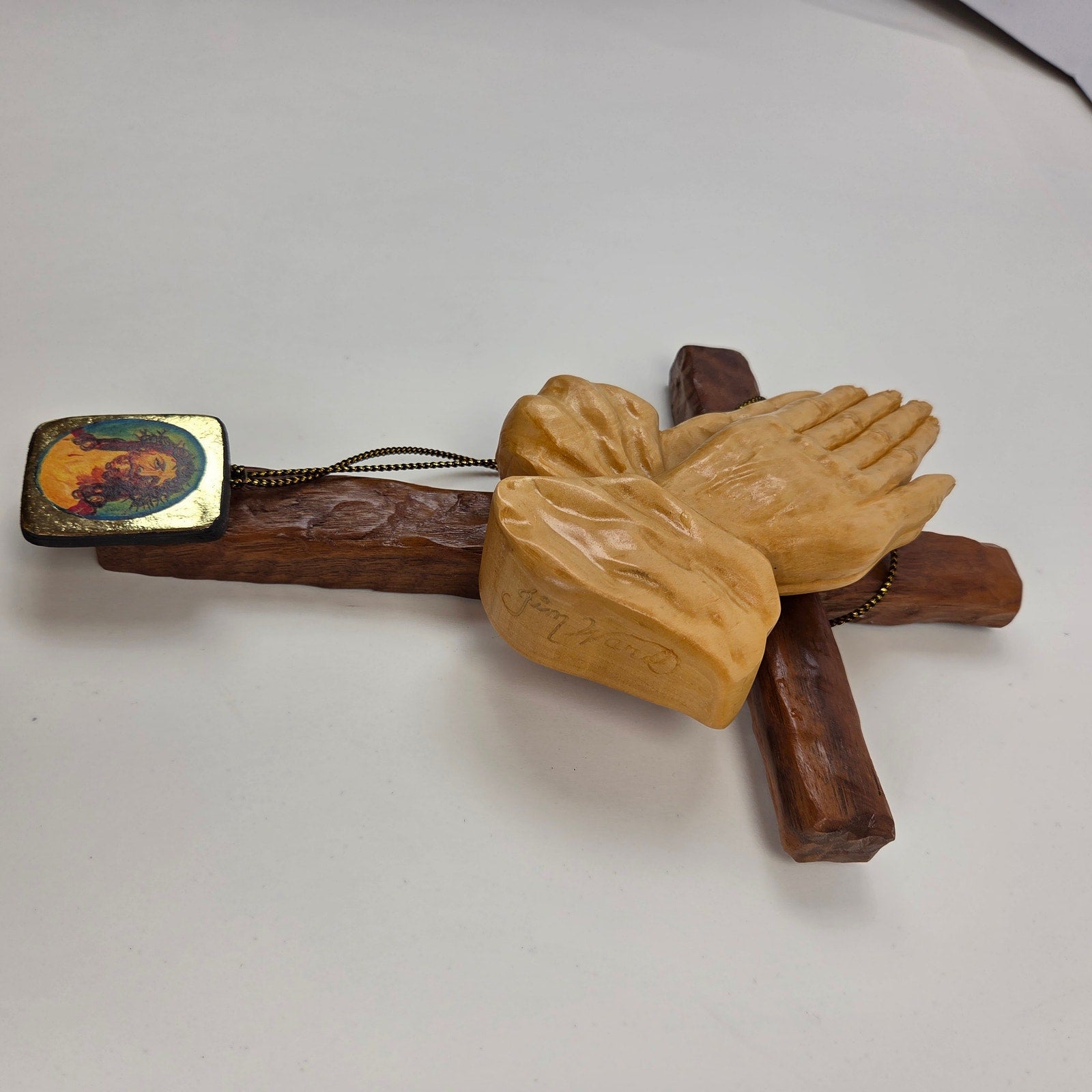Signed Jim Ward Hand Carved Wooden Praying Hands Cross Wall Hanging Folk Art