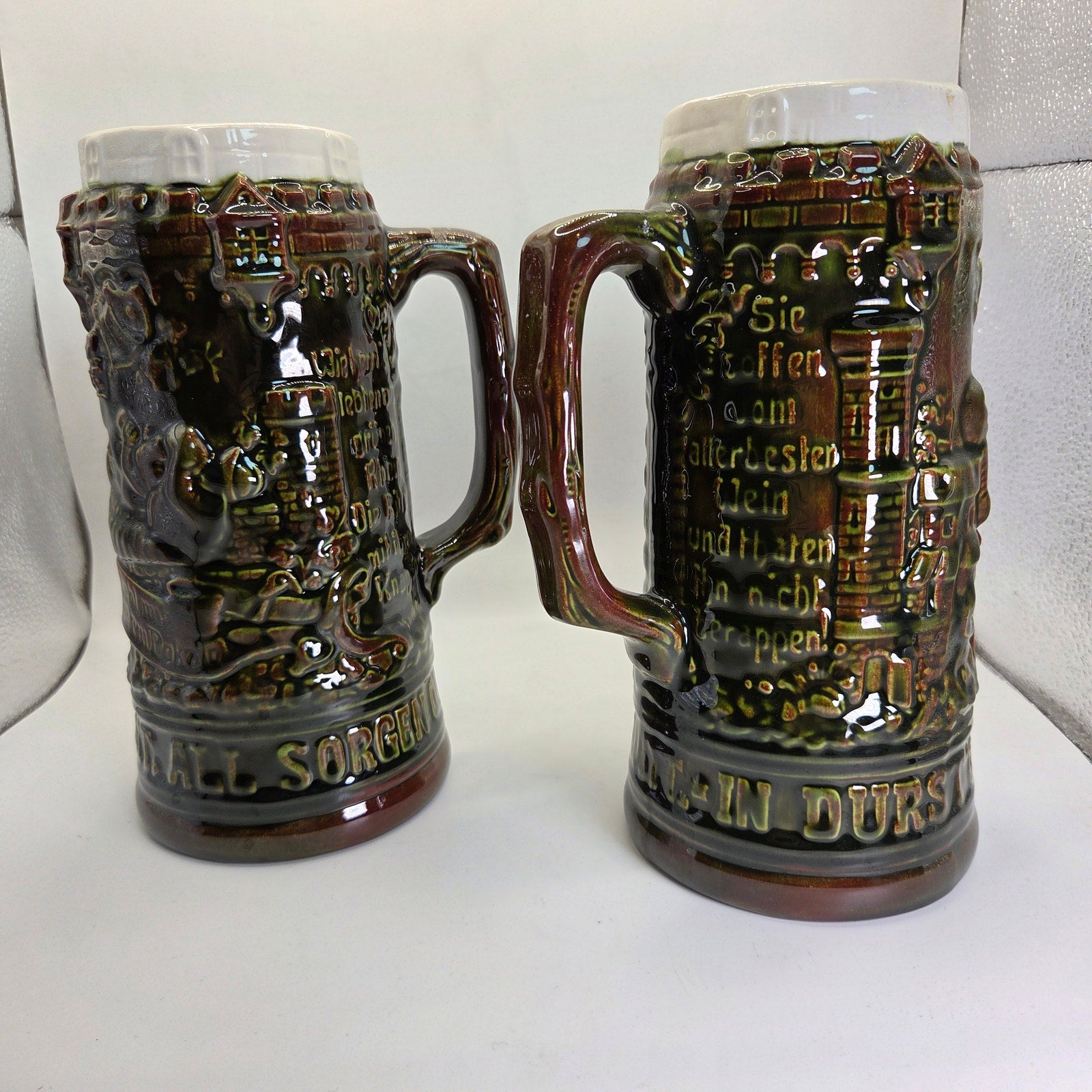 Vintage German Style Beer Steins Pair Signed “Sam :)” 8.5” Brown Glaze