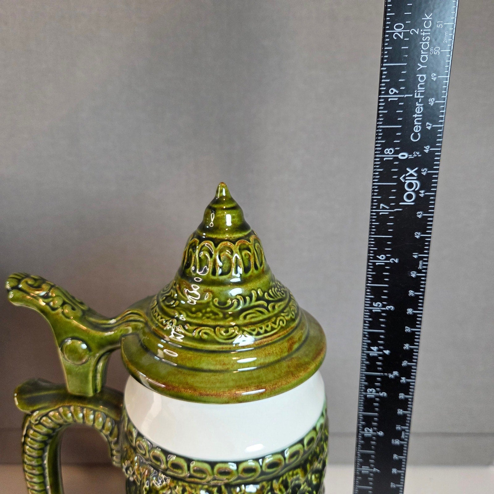 Large 17″ German Style Beer Stein Signed Sam Ceramic Relief with Lid