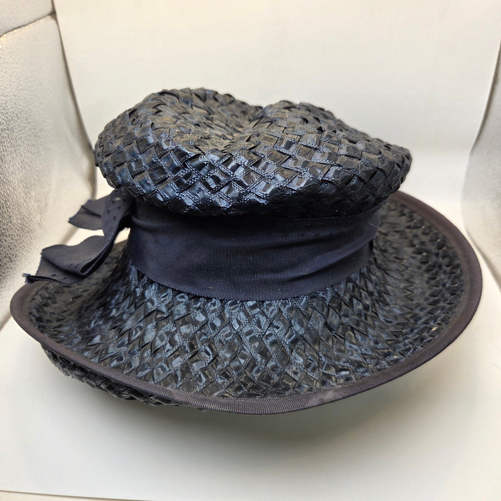 Ken Blair Vintage Straw Hat Navy Wide Brim Union Made USA Size 6 Small