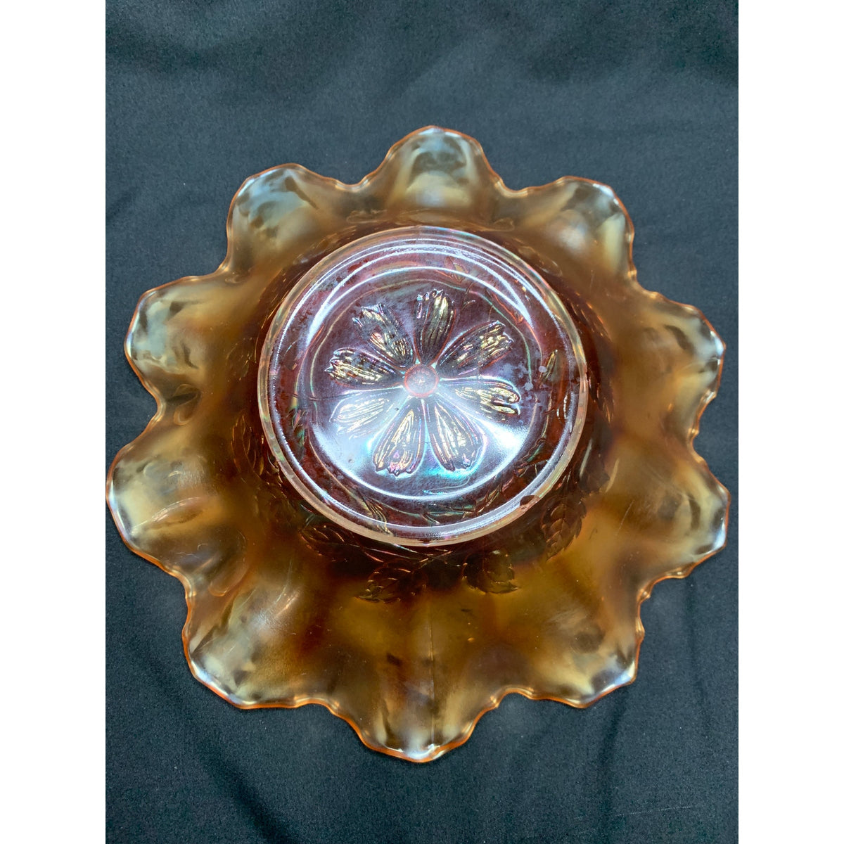 Antique Dugan Cosmos Variant Marigold Carnival Glass Ruffled Bowl 1910s