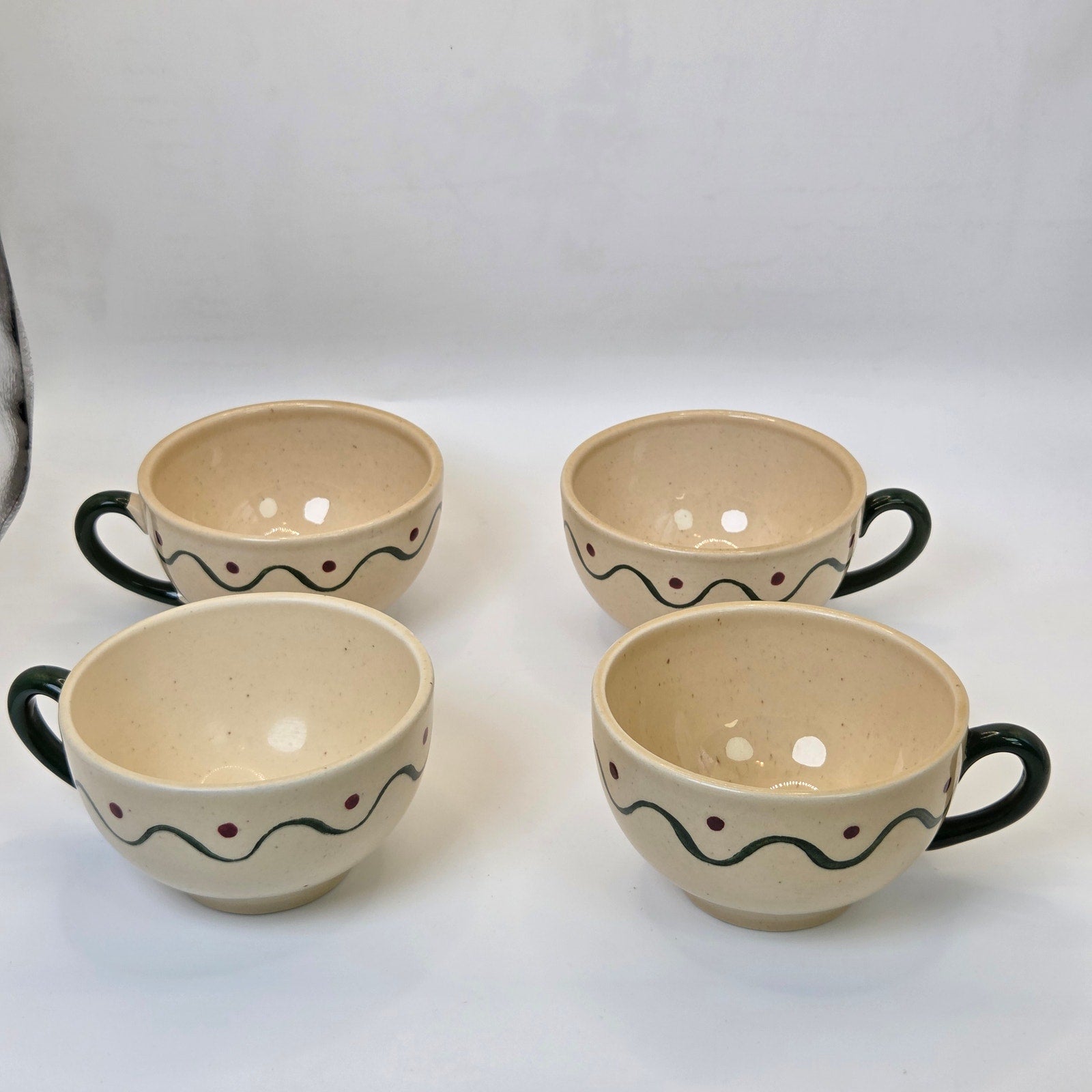 Vintage Metlox Poppytrail 4 Coffee Tea Cups California Pottery Set Green Handles