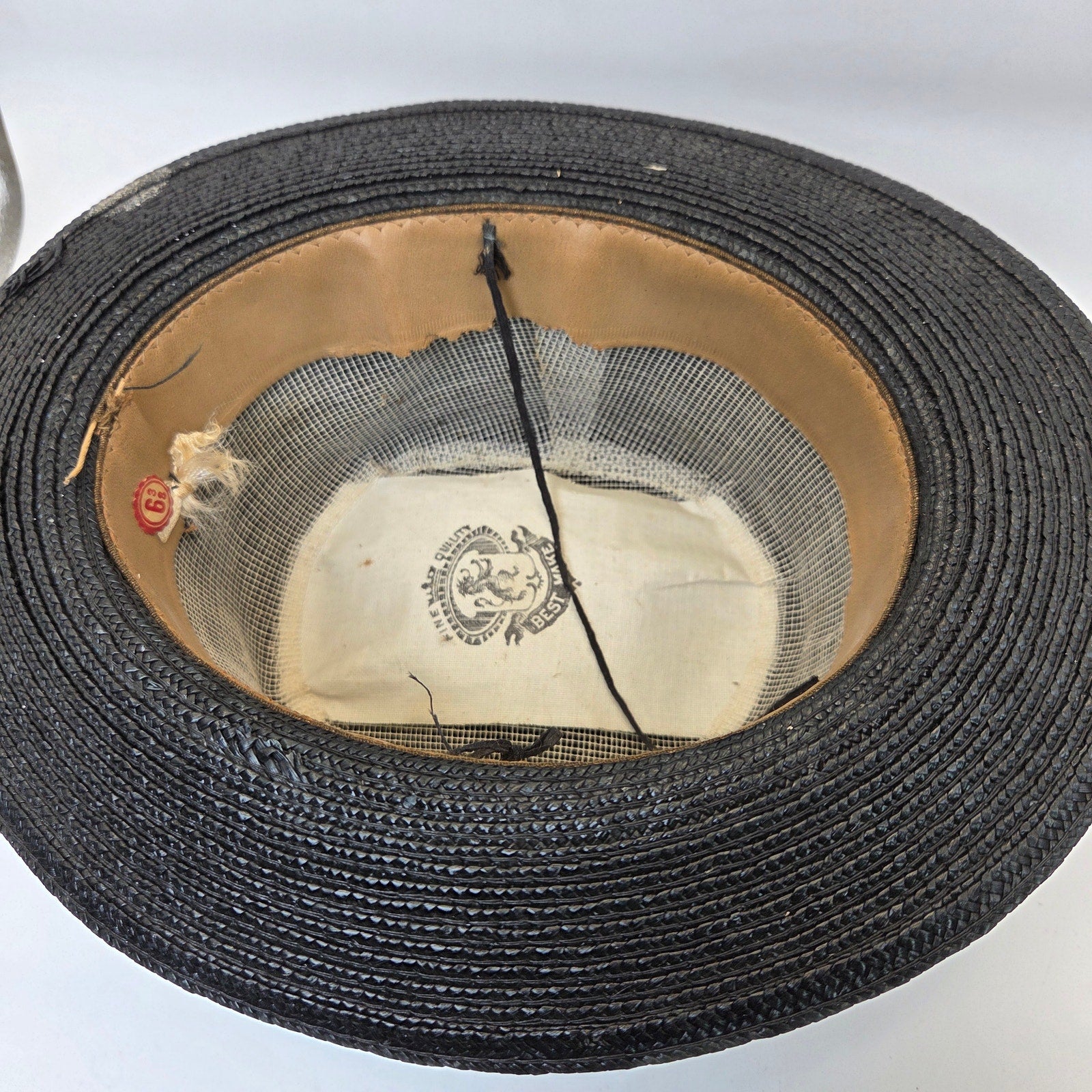 Vintage Straw Boater Hat Black Flat Top Size 6 3/8 Antique Ribbon Band