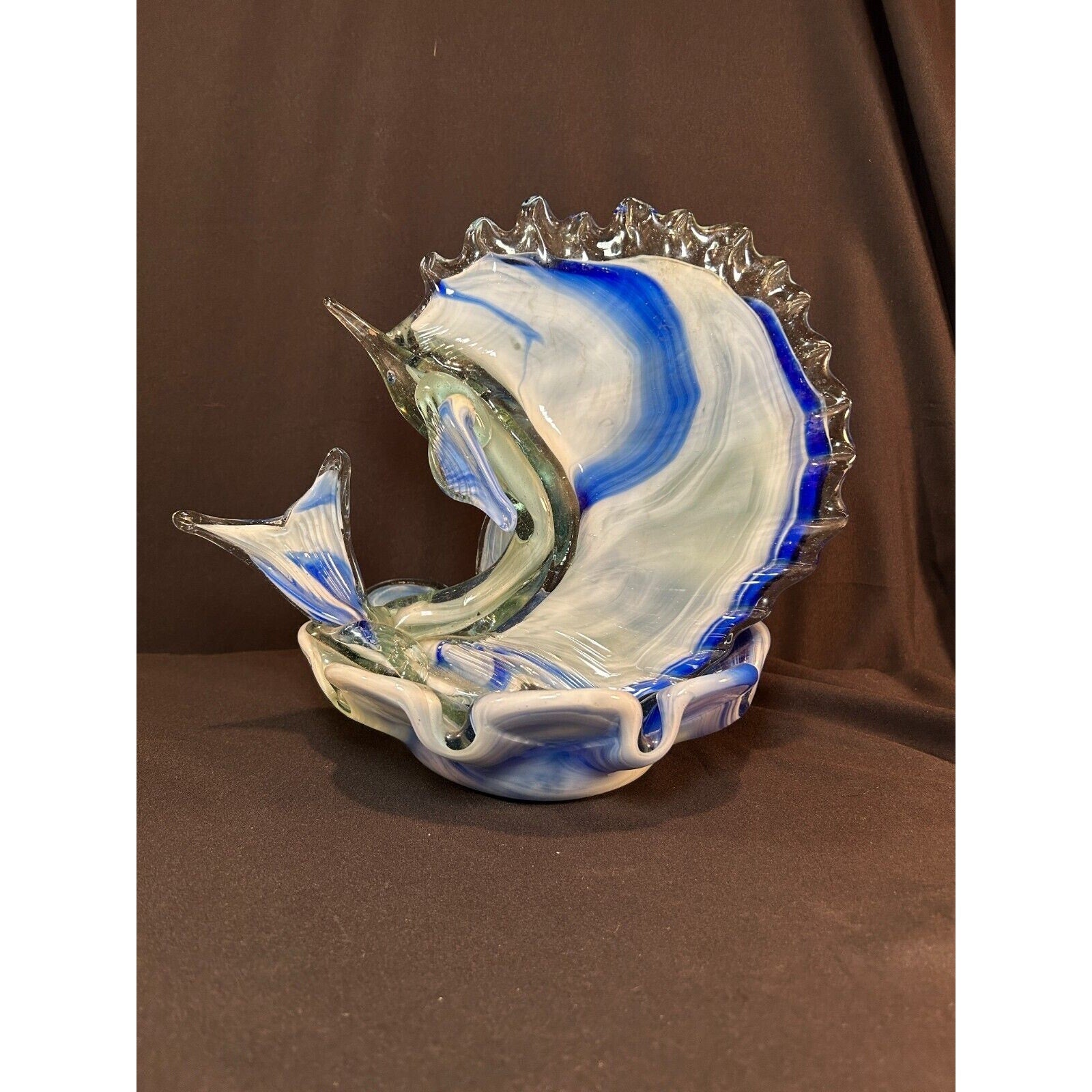 Murano Style Blue White Art Glass Swordfish Figurine Hand Blown