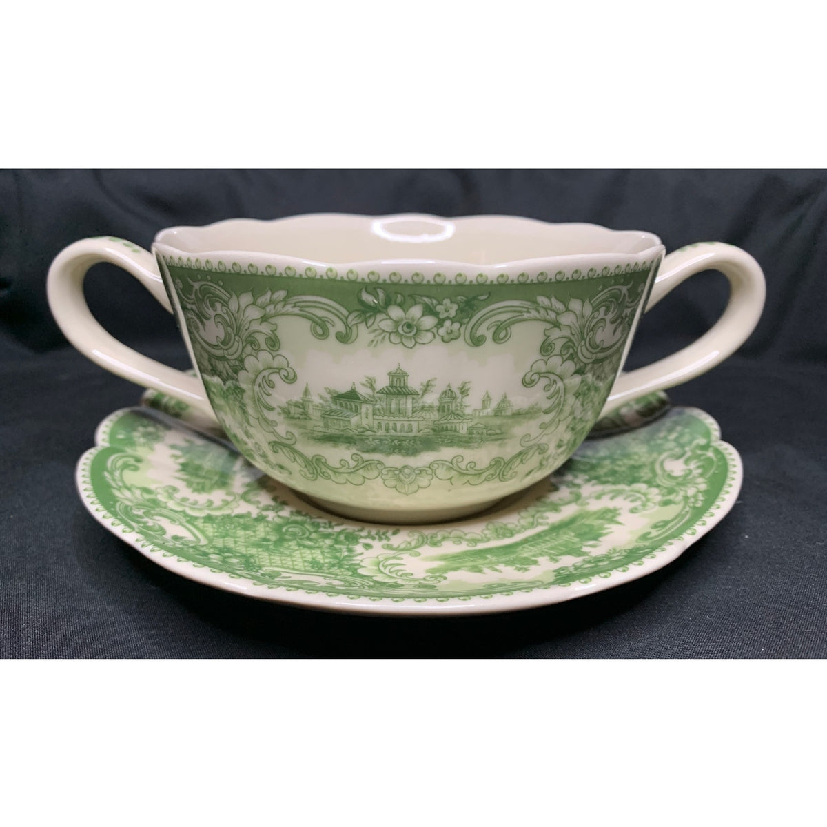 Vintage Green Transferware 2 Handle Cream Soup Cup & Saucer Scenic Floral