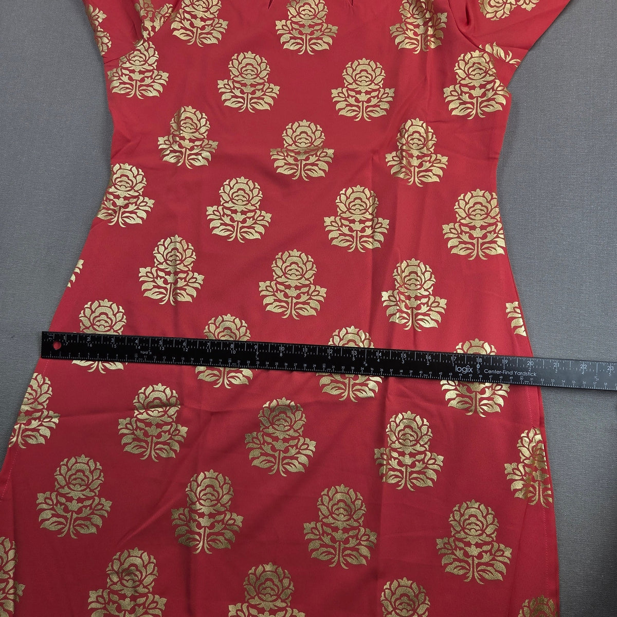 Janasya Womens M Red Gold Floral Foil Print Crepe Kurti Indian Tunic Top NWT