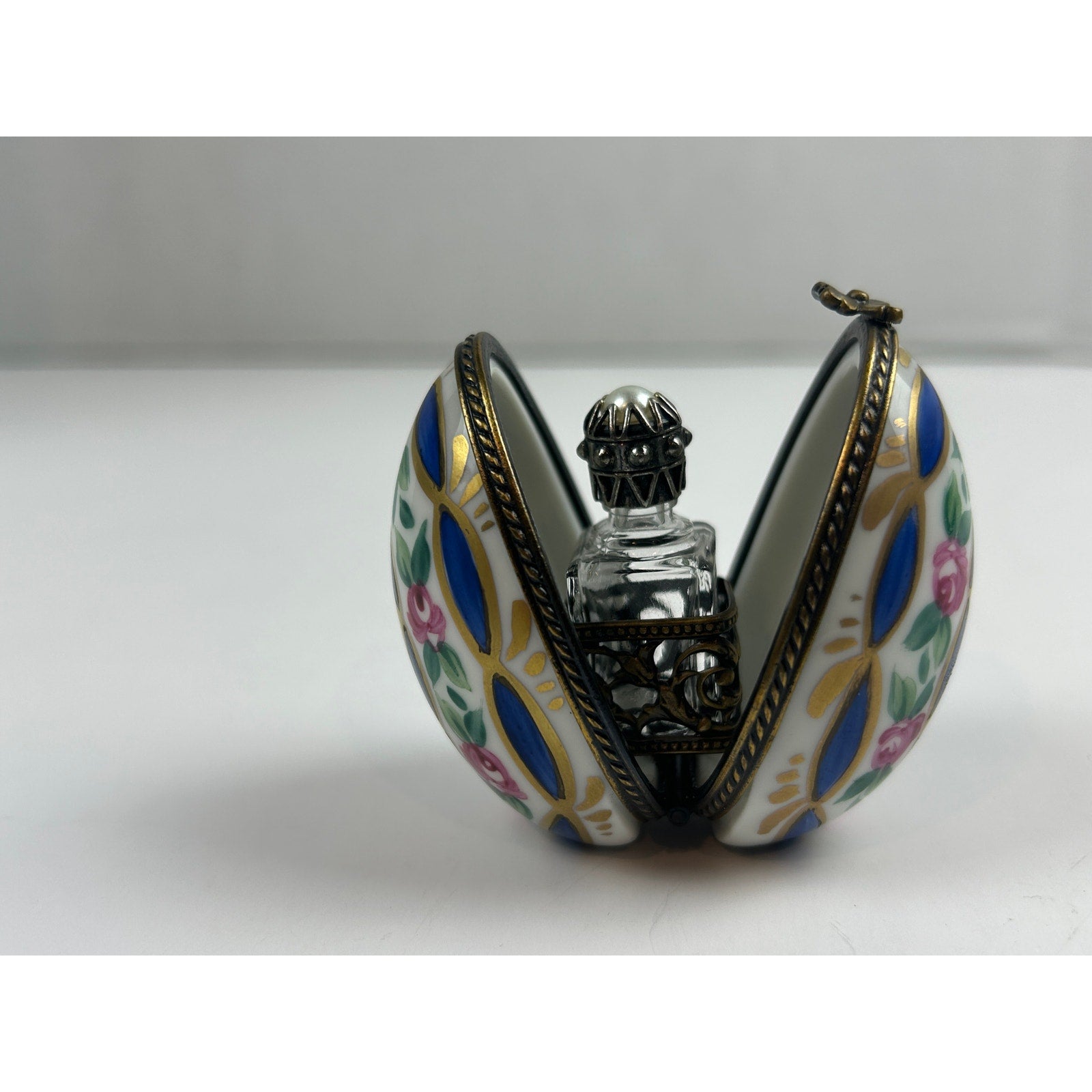 Vintage Limoges Hinged Egg Trinket Box with Perfume Bottle Hand Painted