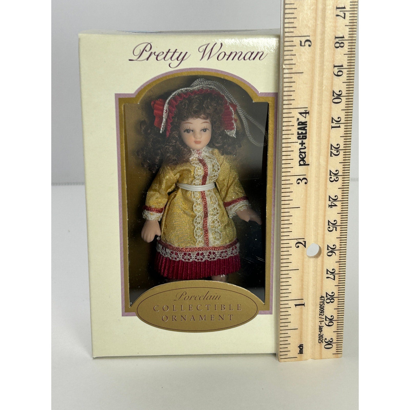 Pretty Woman Porcelain Doll Ornament Purple Red Trim Dress Blonde Curls 2004