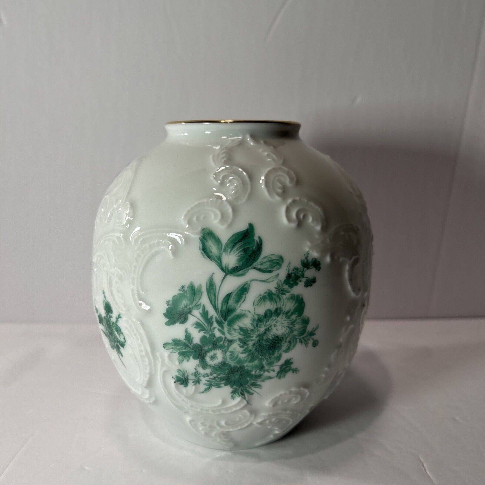 Vintage KPM Bavaria Royal Porcelain Vase Embossed Floral Green Gold Rim Germany