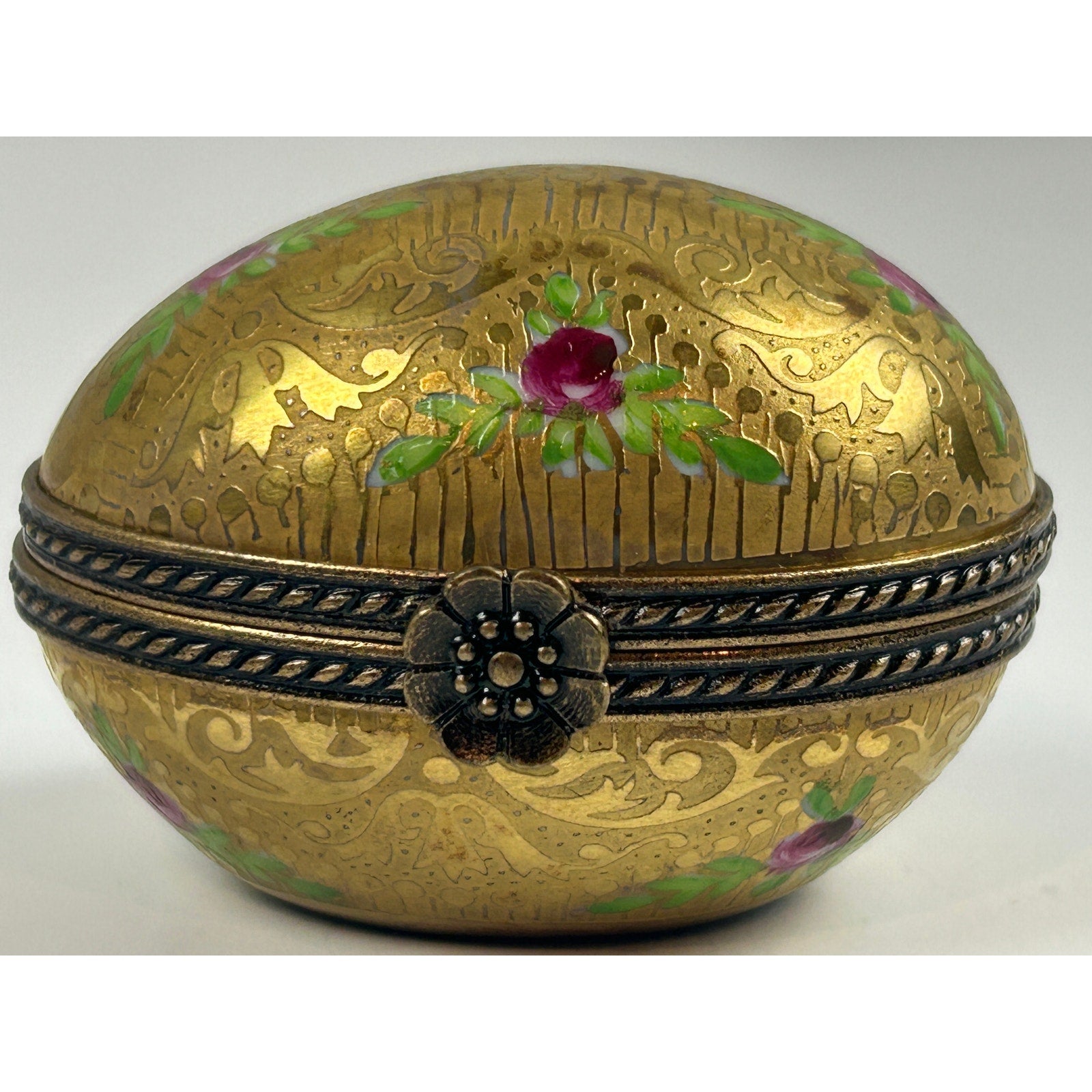 Limoges France Incrustation Trinket Box Hand Painted Roses Raised Gold Oval