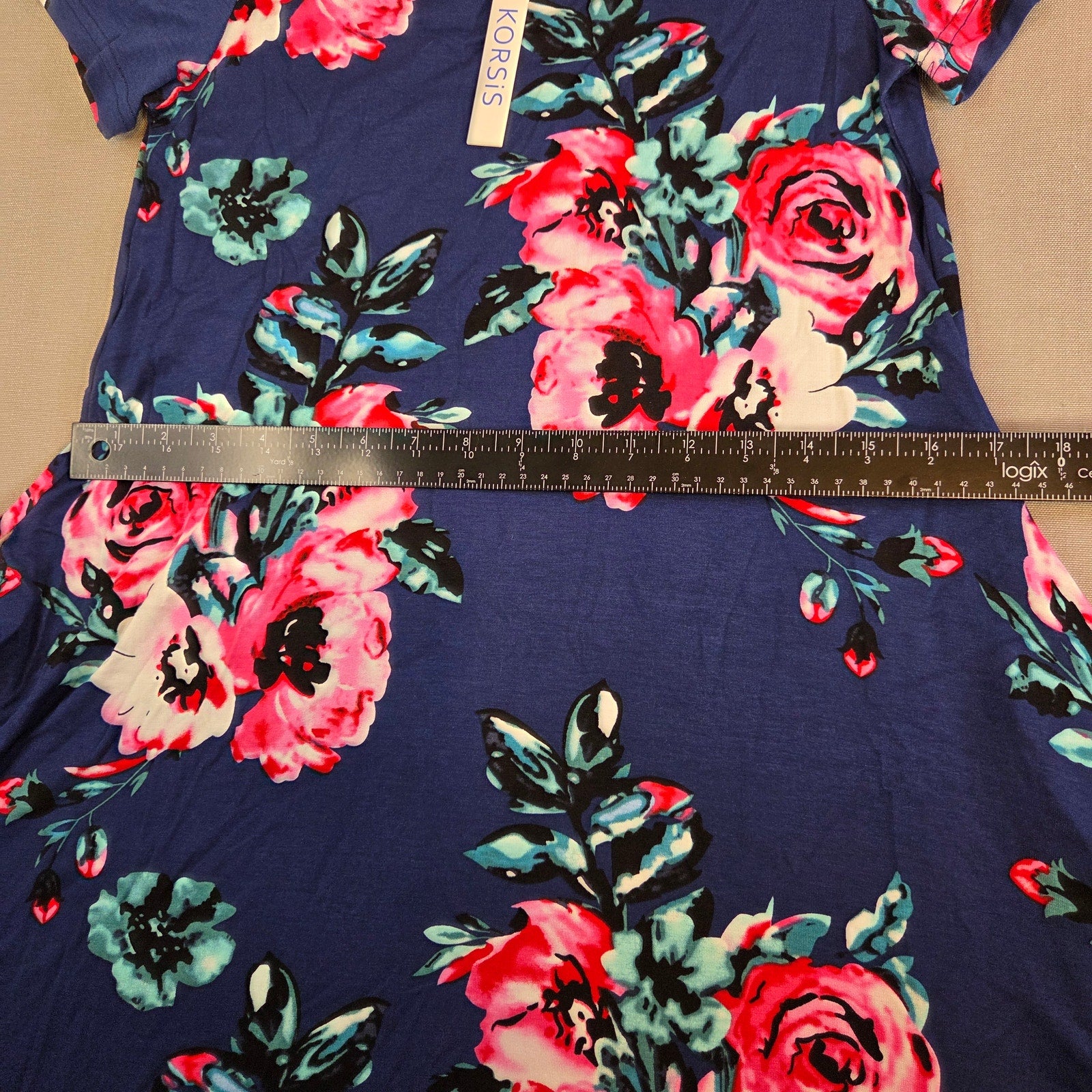 Korsis Blue Floral Dress Pink Rose Print Pockets Women’s Size S