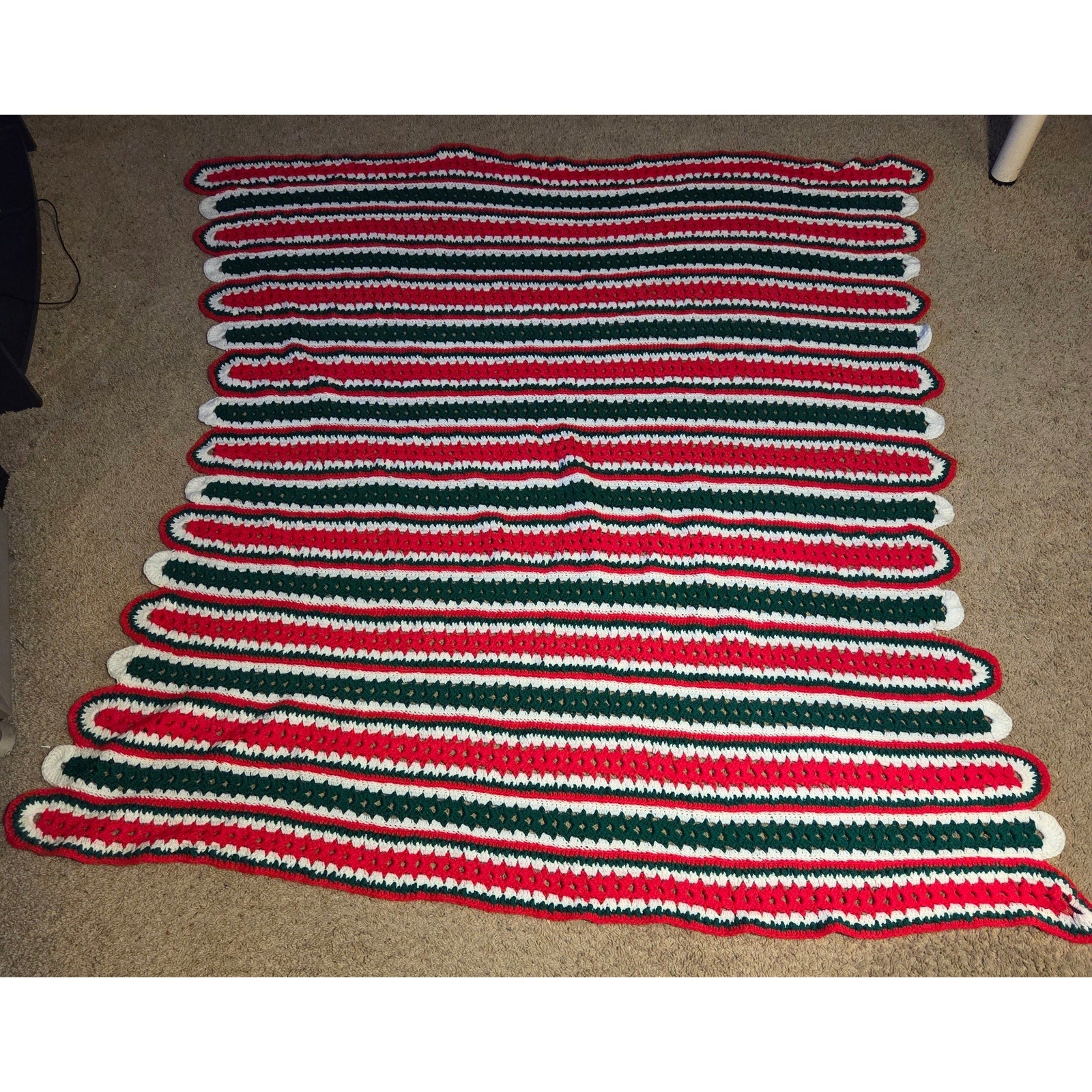 Handmade Crochet Afghan Blanket Red Green White Christmas Throw 73x70