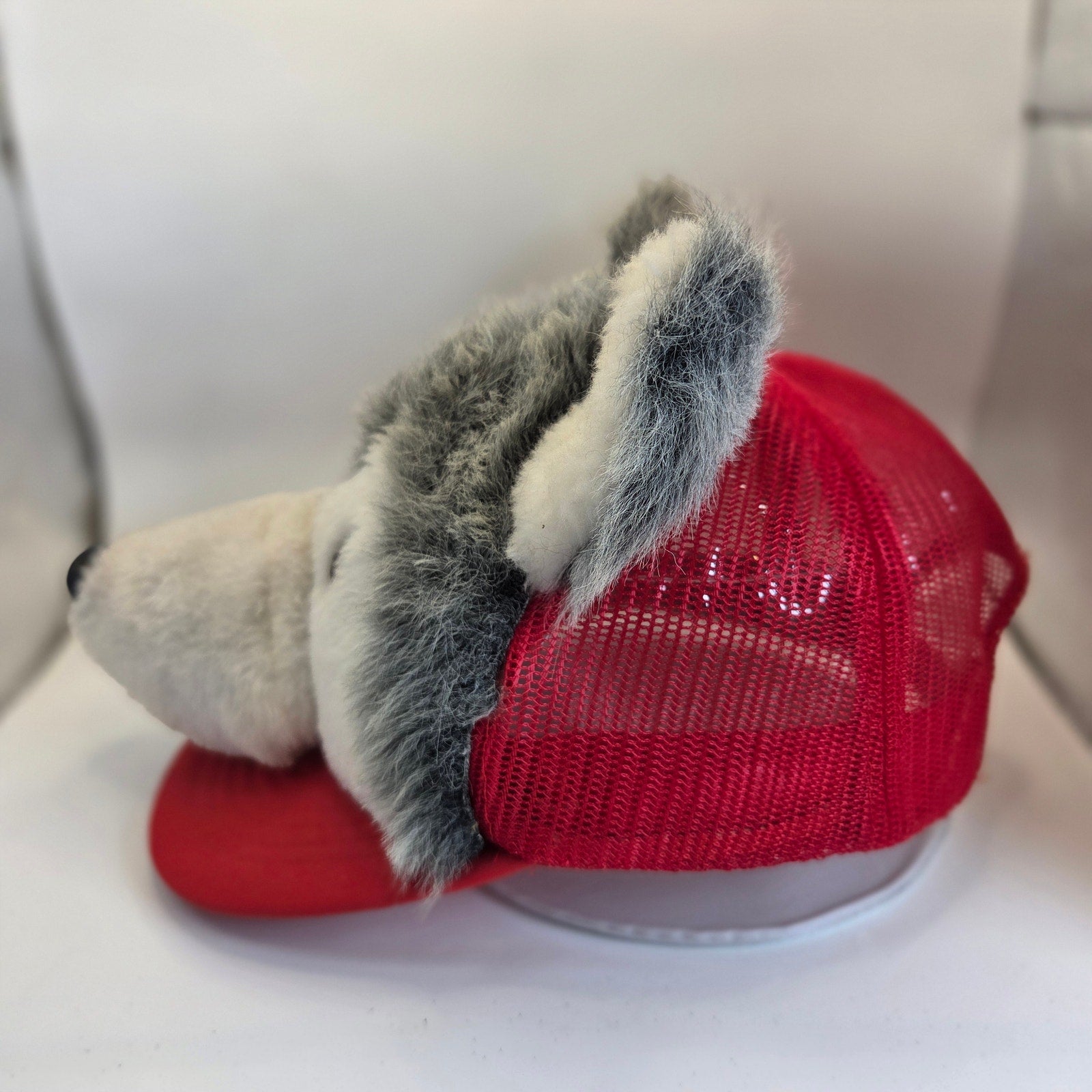 Vintage Wolf Dog Plush Head Trucker Hat Red Mesh Snapback Made in Taiwan