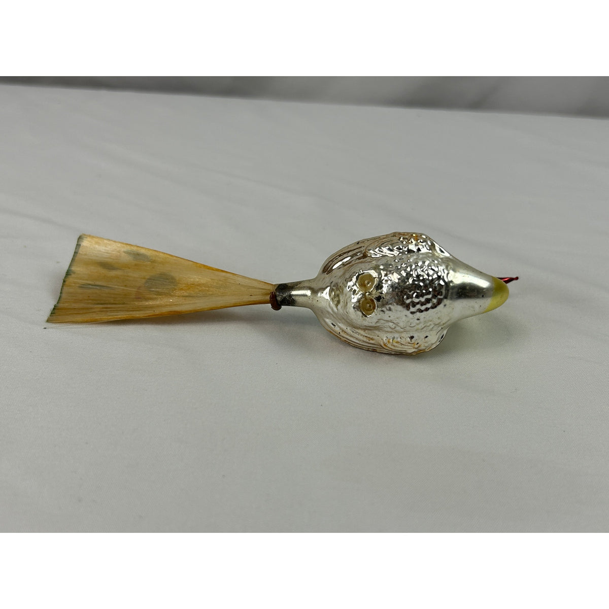 Vintage German Mercury Glass Peacock Bird Ornament Painted Wood Tail 5.5"