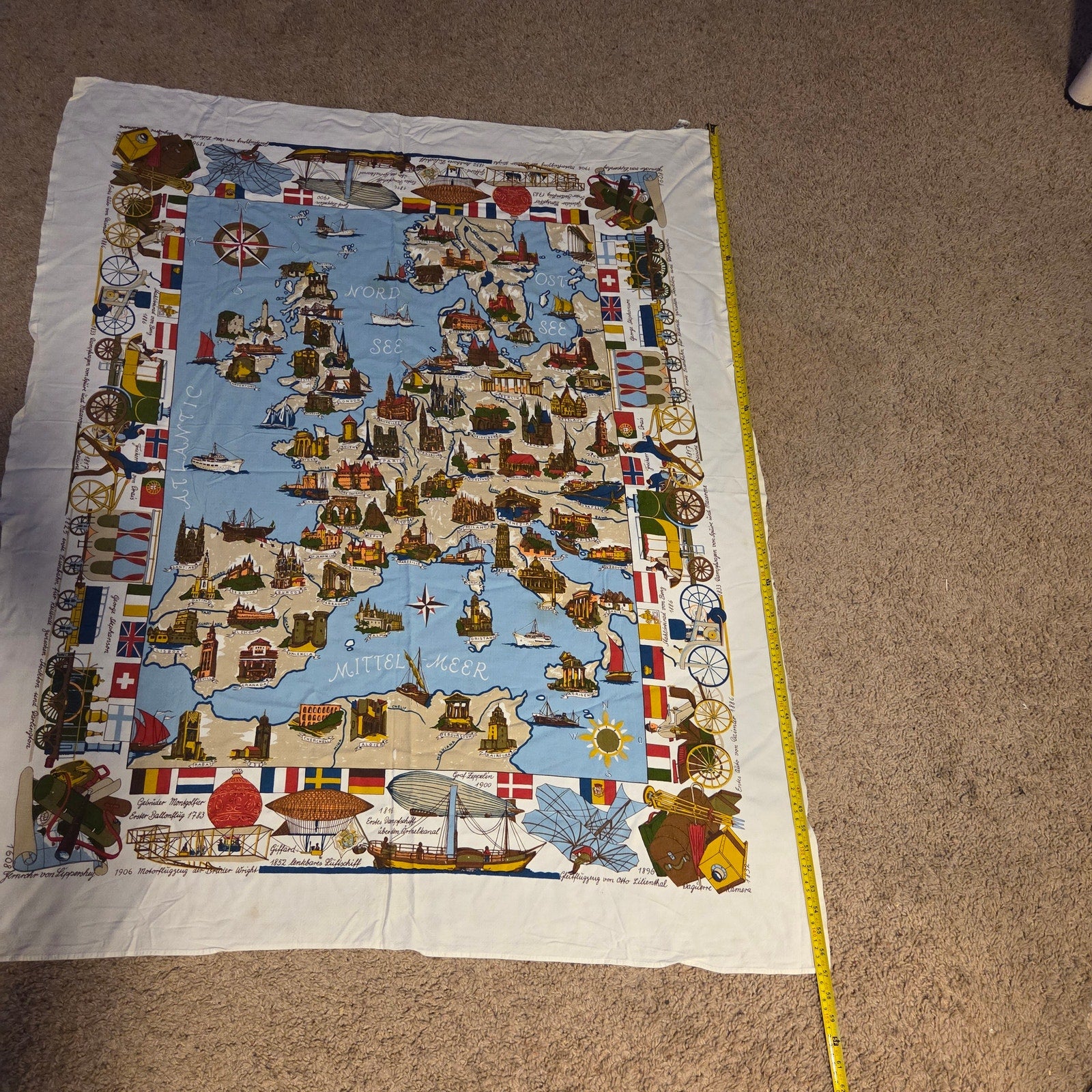 Vintage Europe Map Textile Tieltjet Viscose Wall Hanging 57x45”