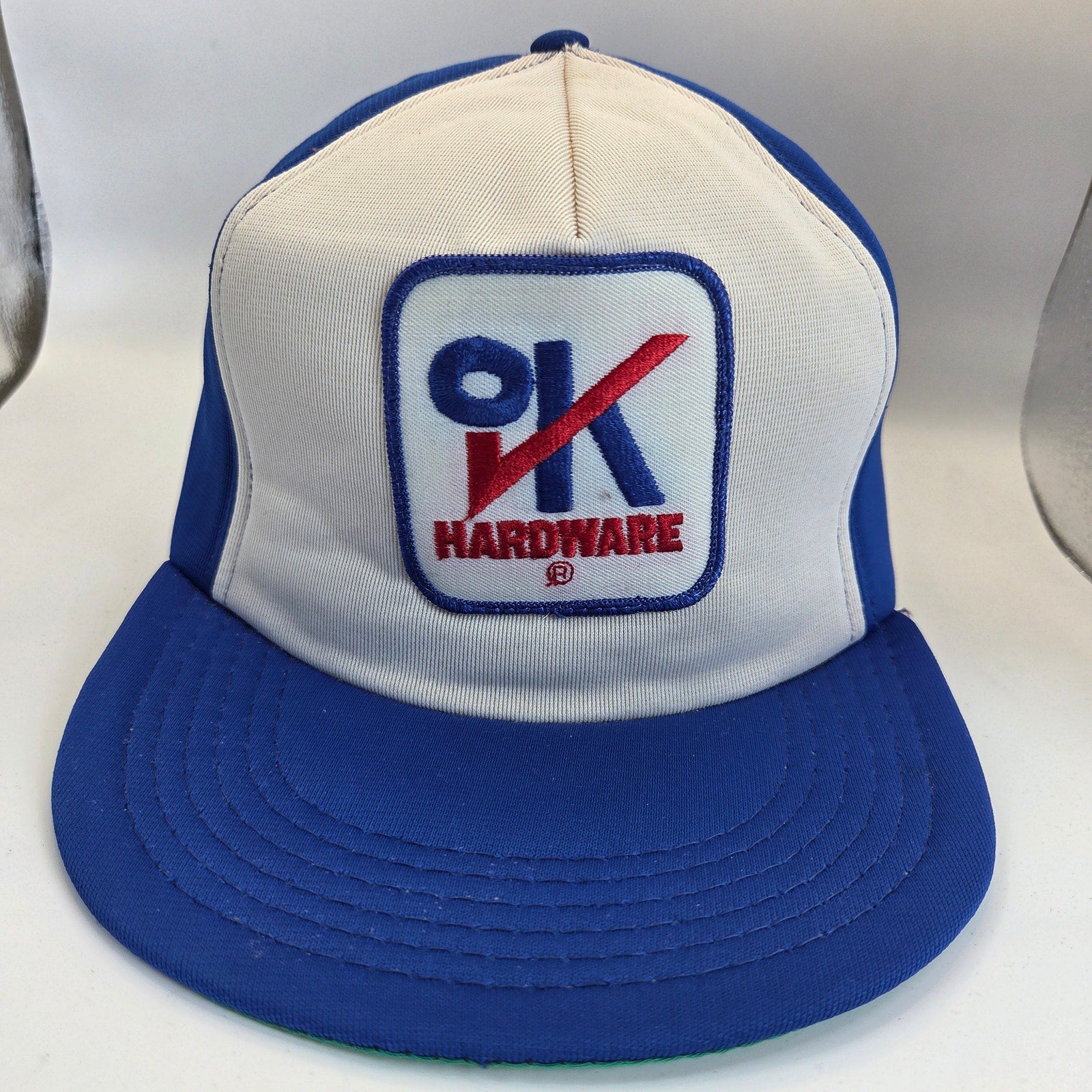 Vintage OK Hardware All Foam Snapback Hat OSFA Blue White Promotional Cap