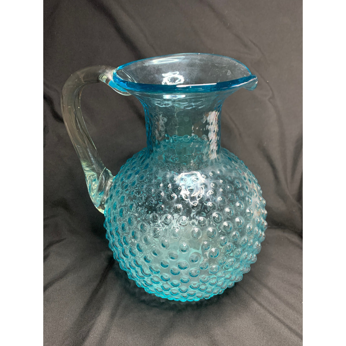 Large Aqua Blue Hobnail Glass Pitcher Clear Applied Handle Heavy Art Glass