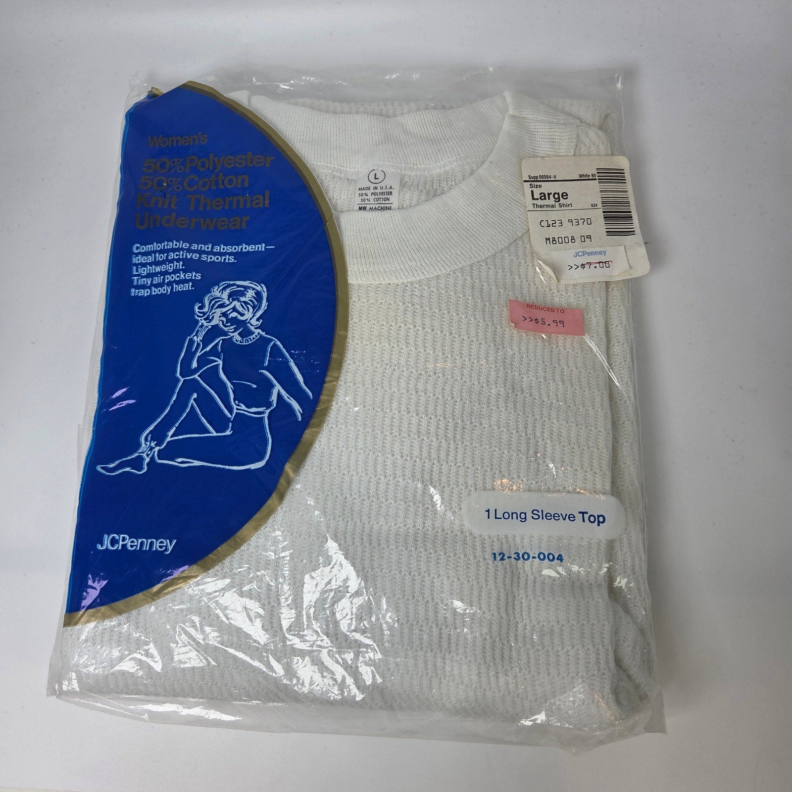 JCPenney Womens Thermal Shirt USA Made Waffle Knit NOS Size L Vintage