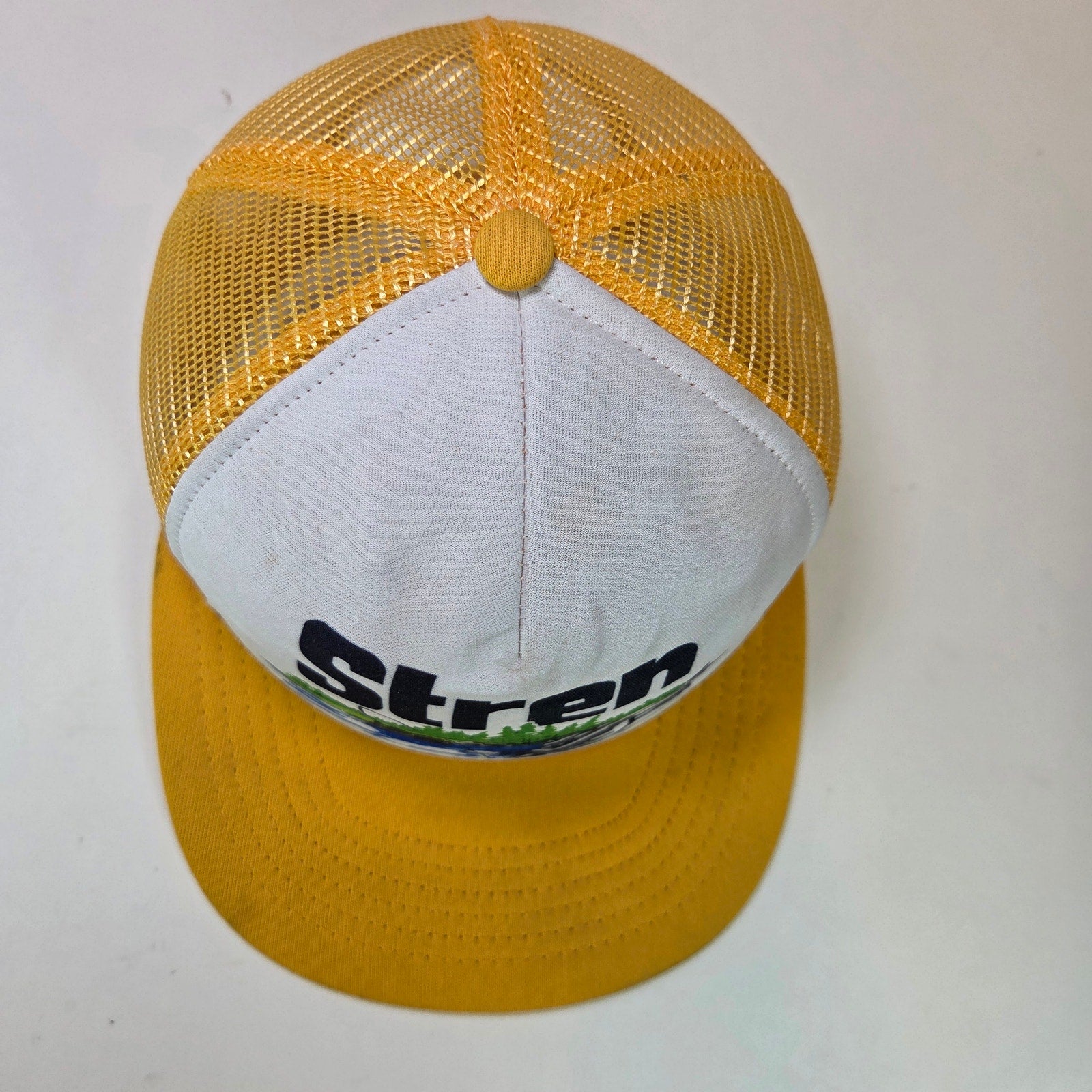 Vintage Stren Fishing Trucker Hat Mesh Snapback Yellow White Foam Front USA