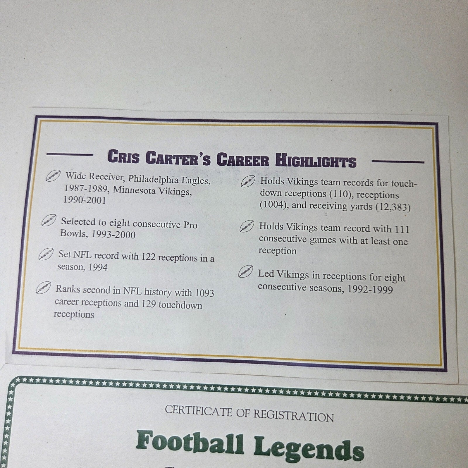 Cris Carter Danbury Mint Minnesota Vikings Figurine w/COA NFL Legends 2002