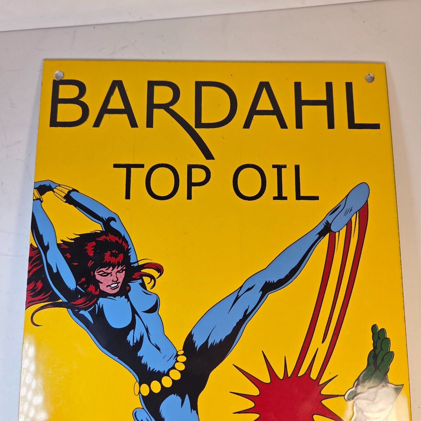 1955 Bardahl Top Oil Porcelain Sign – “Fights Grime” Comic Style Gas & Oil Ad 18x10