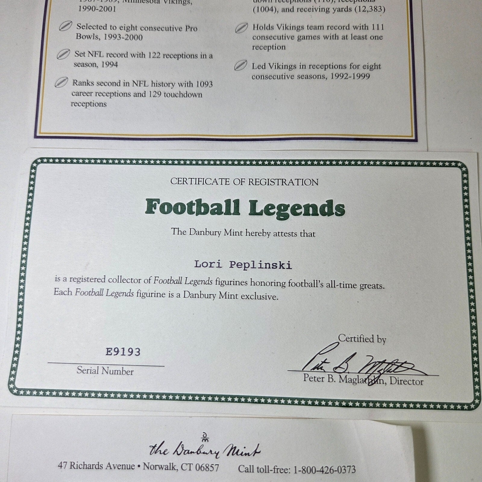 Cris Carter Danbury Mint Minnesota Vikings Figurine w/COA NFL Legends 2002