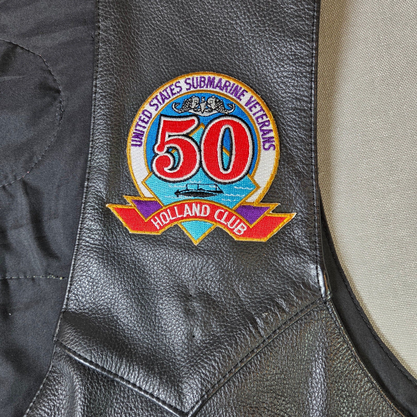 U.S. Navy Submarine Veterans Leather Vest Size 50 Cold War Patch Covered