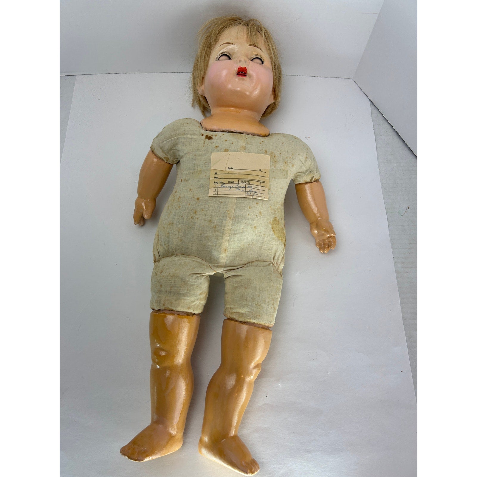 Unmarked 29" Composition Baby Doll c.1915–20s, Sleep Eyes, Human Hair Wig