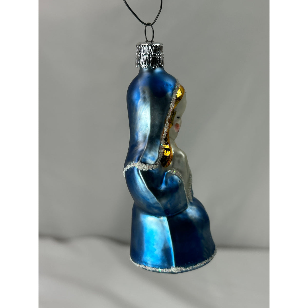 Vintage Blown Glass Virgin Mary Madonna Christmas Ornament Blue Gold 3.75"