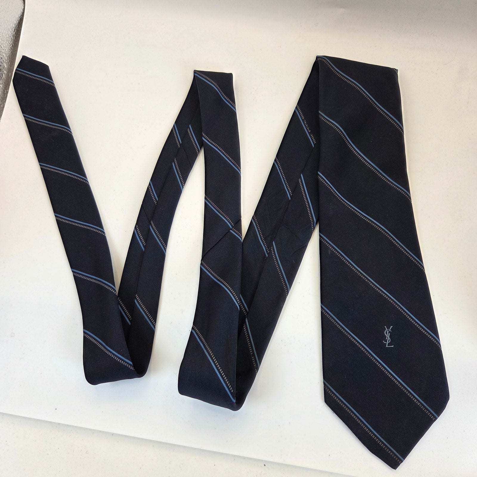 Vintage Yves Saint Laurent YSL Striped Necktie Embroidered Logo 56" x 3"