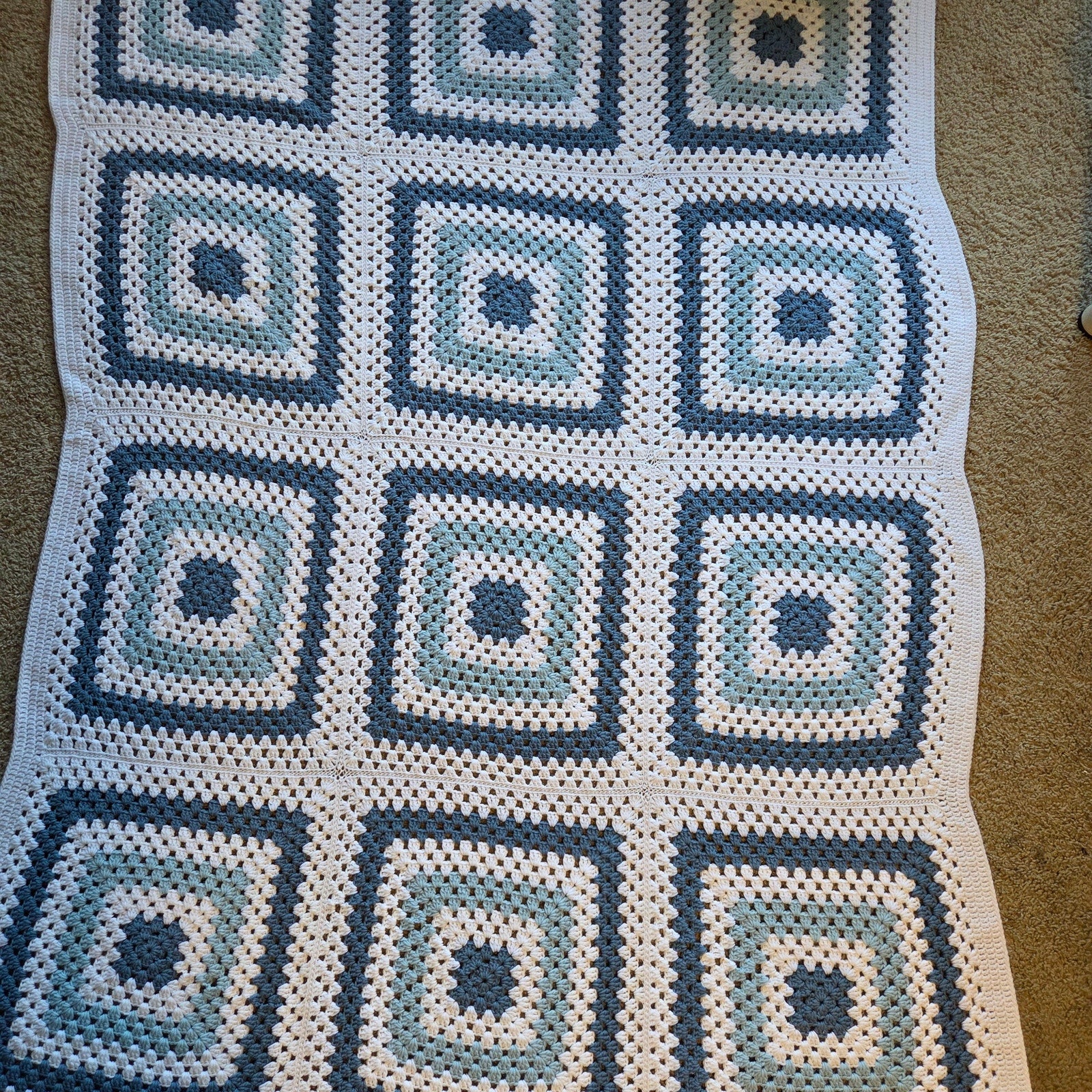 Handmade Blue White Crochet Granny Square Afghan Blanket 88x63
