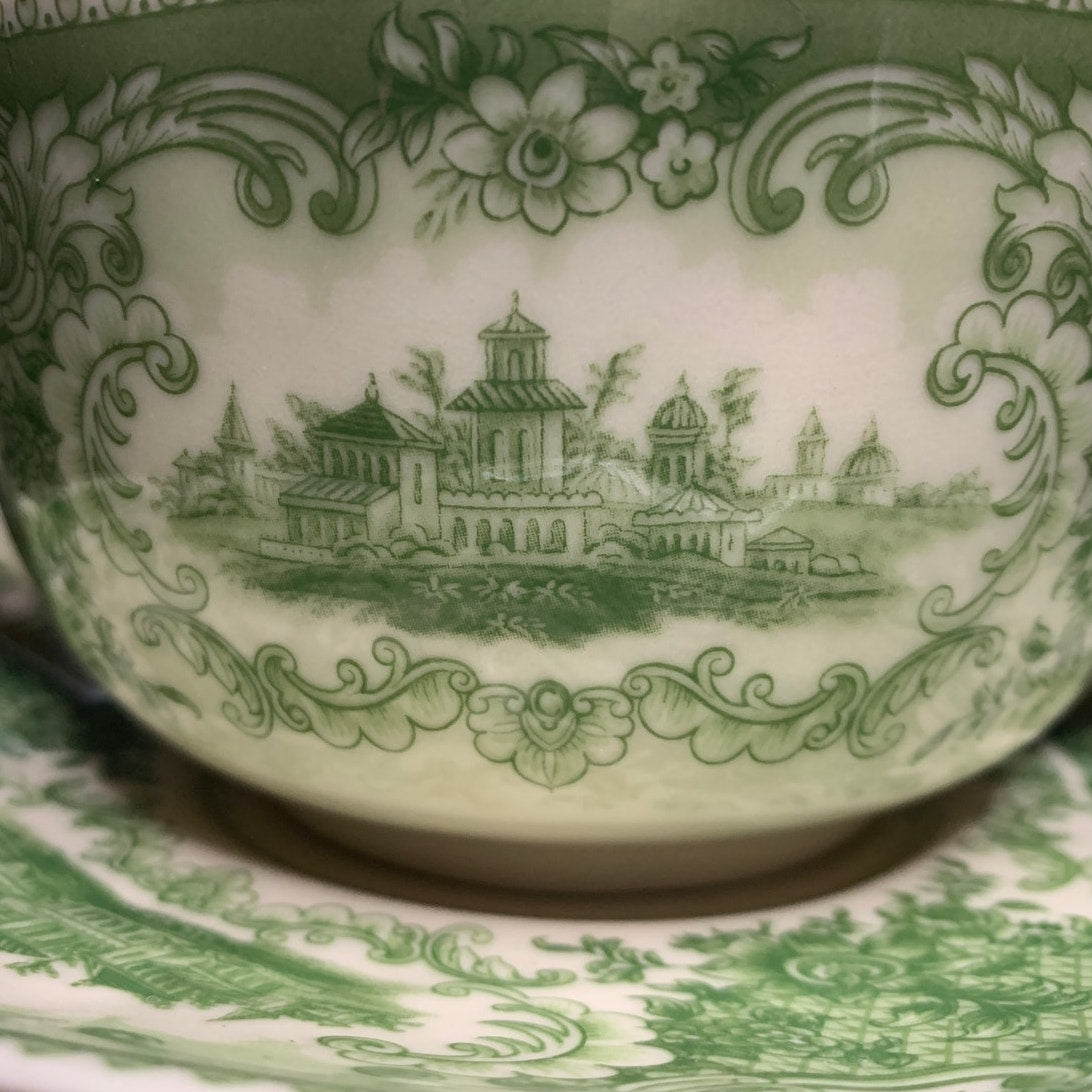 Vintage Green Transferware 2 Handle Cream Soup Cup & Saucer Scenic Floral