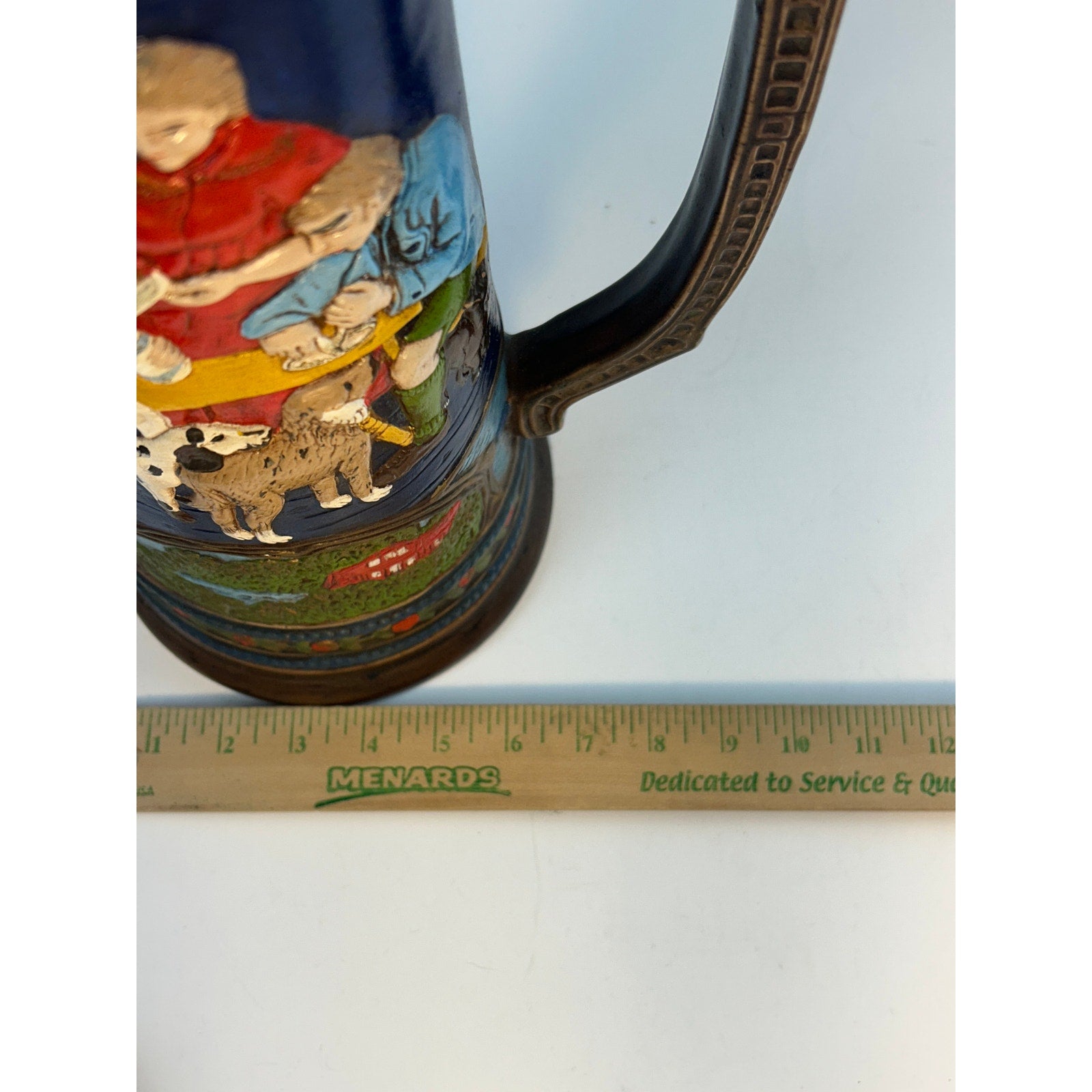 German Beer Stein Dancing Couple Relief Lidded Ceramic Tall Collectible