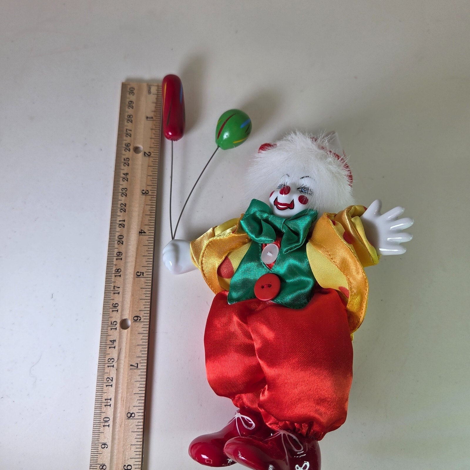 Vintage Porcelain Clown Doll Holding Balloons Fabric Body Red Yellow 7.5"