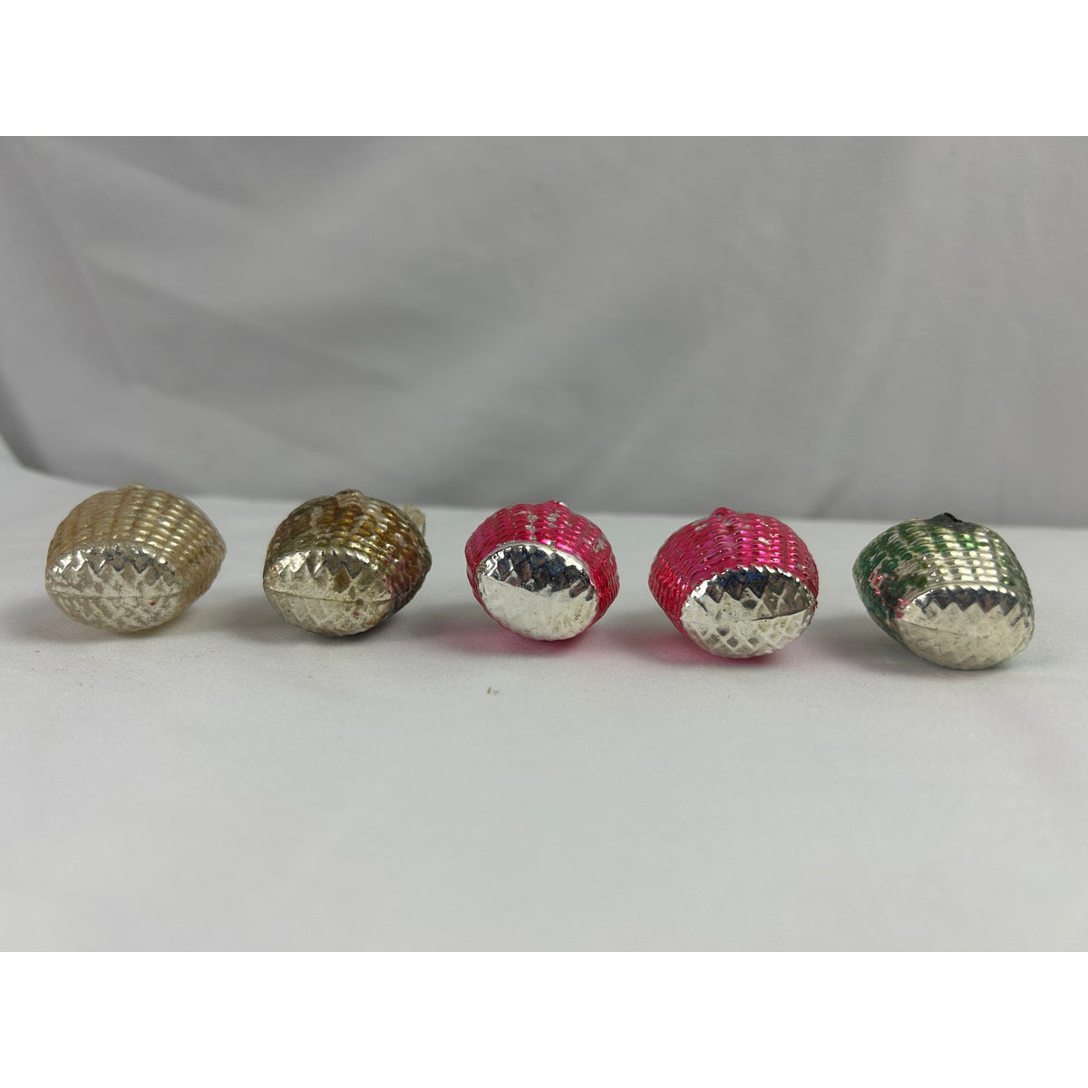 1930s Mercury Glass Flower Basket Christmas Ornaments Hand Painted Lot of 5