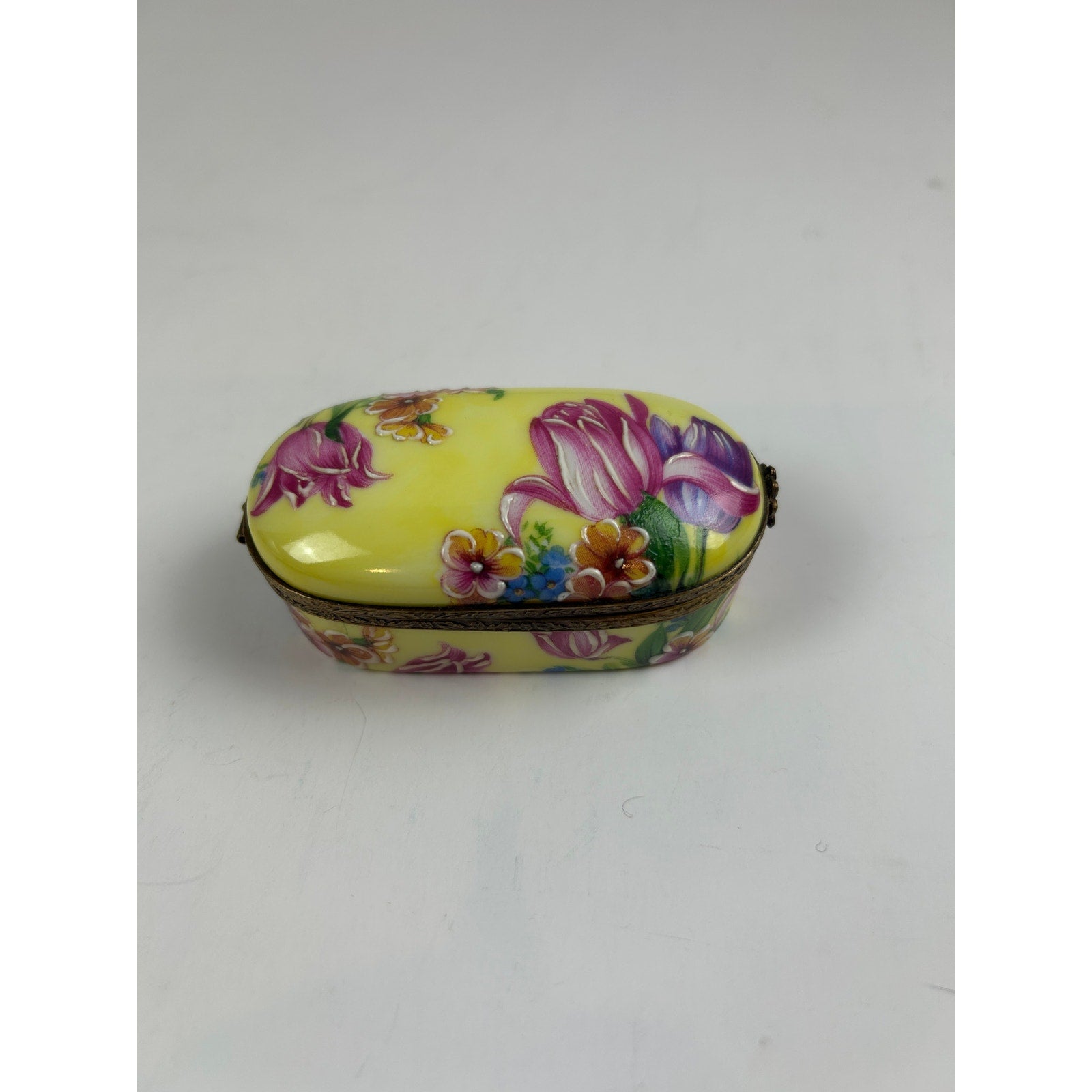 Rochard Limoges France Trinket Box Raised Floral Hand Painted Yellow Oval